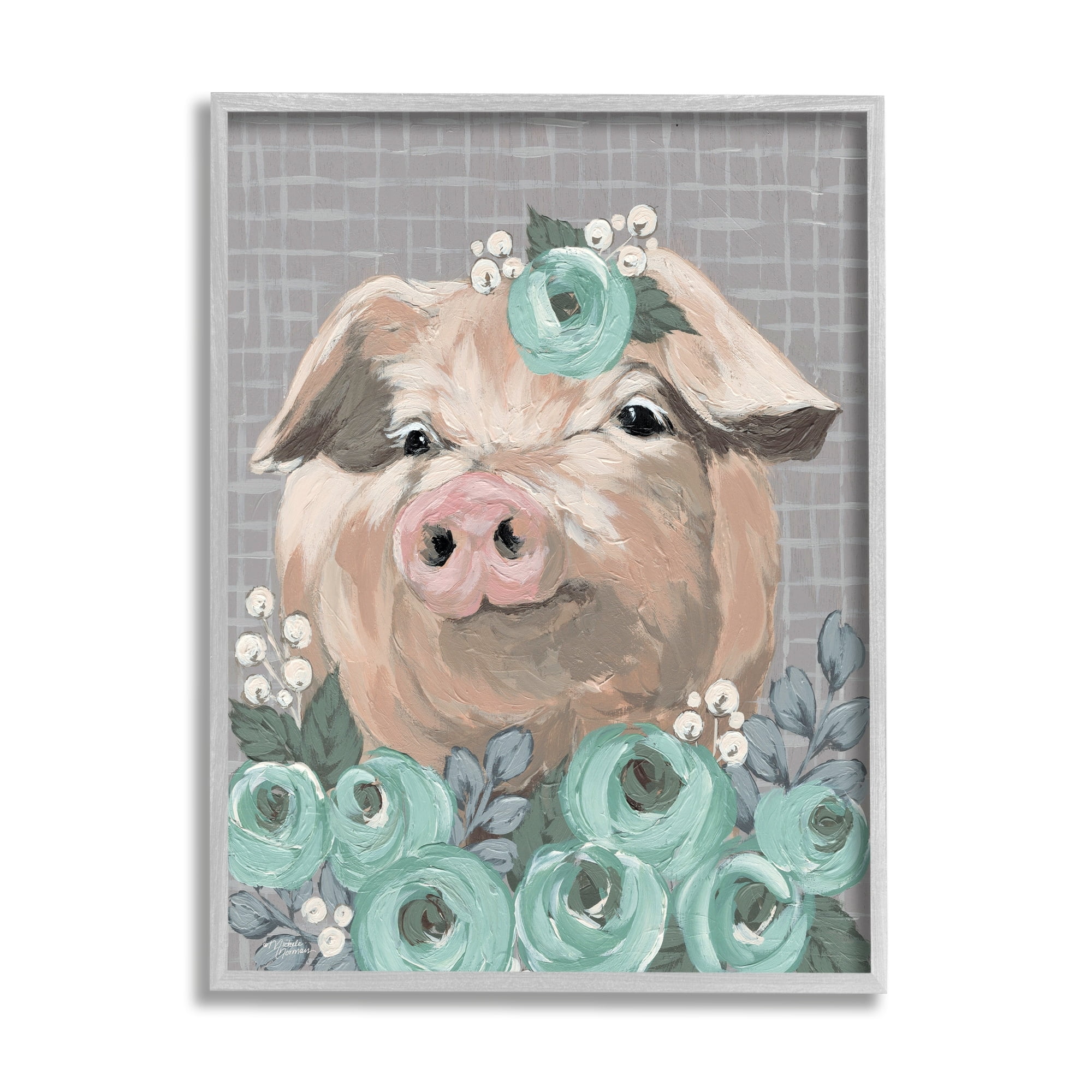 Stupell Industries Fuzzy Pig Surrounded Turquoise Flower Arrangement Pattern Painting Gray Framed Art Print Wall Art, Design by Michele Norman
