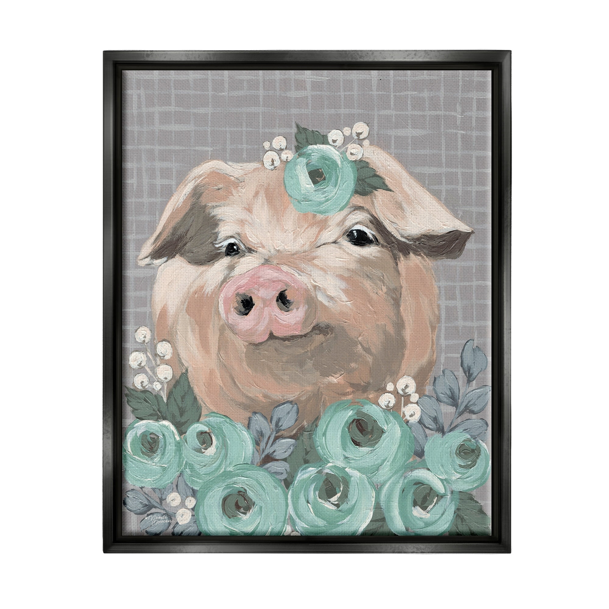 Stupell Industries Fuzzy Pig Surrounded Turquoise Flower Arrangement Pattern Painting Jet Black Floating Framed Canvas Print Wall Art, Design by Michele Norman