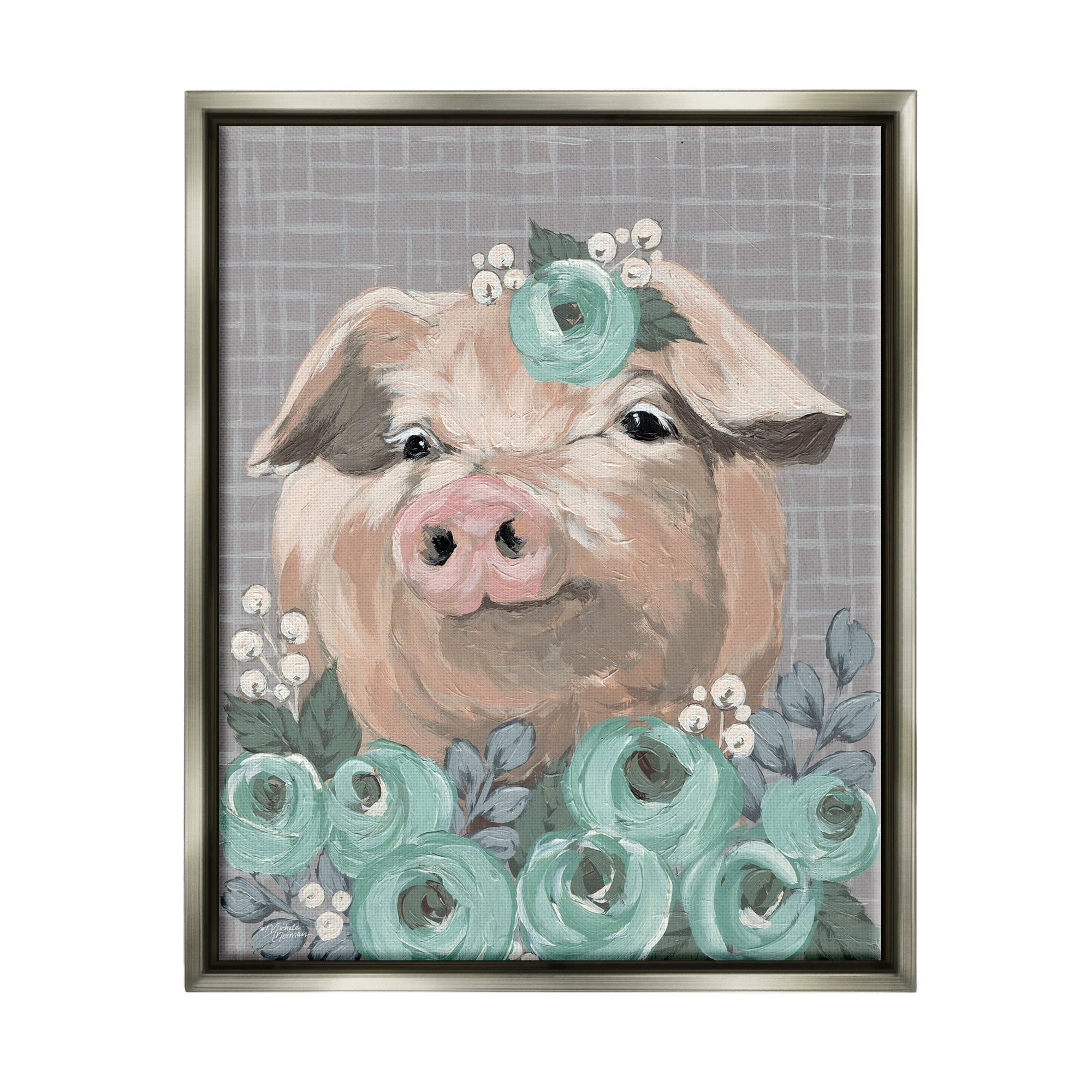 Stupell Industries Fuzzy Pig Surrounded Turquoise Flower Arrangement Pattern Painting Luster Gray Floating Framed Canvas Print Wall Art, Design by Michele Norman