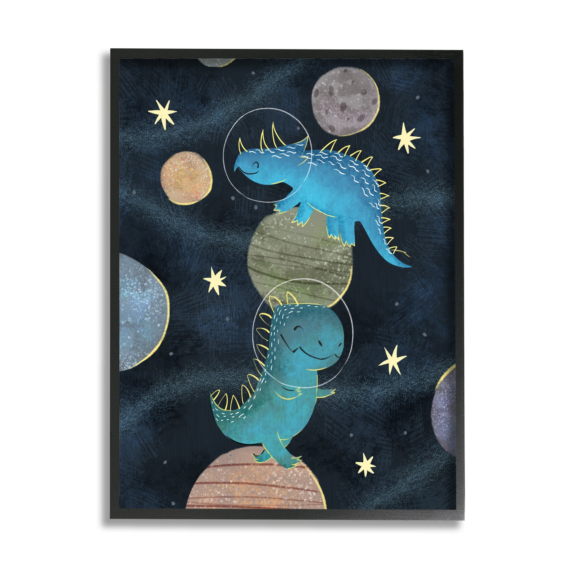 Stupell Industries Galactic Dinosaur Astronauts Outer Space Planets Fairy Tales & Fantasy Painting Black Framed Art Print Wall Art, 16 x 20