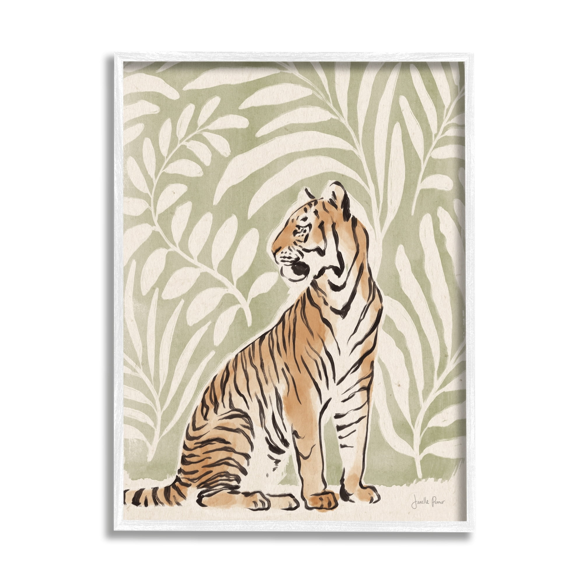 Stupell Industries Gallant Tiger Sitting Botanical Pattern Background Ink Watercolor , 16 x 20, Design by Janelle Penner