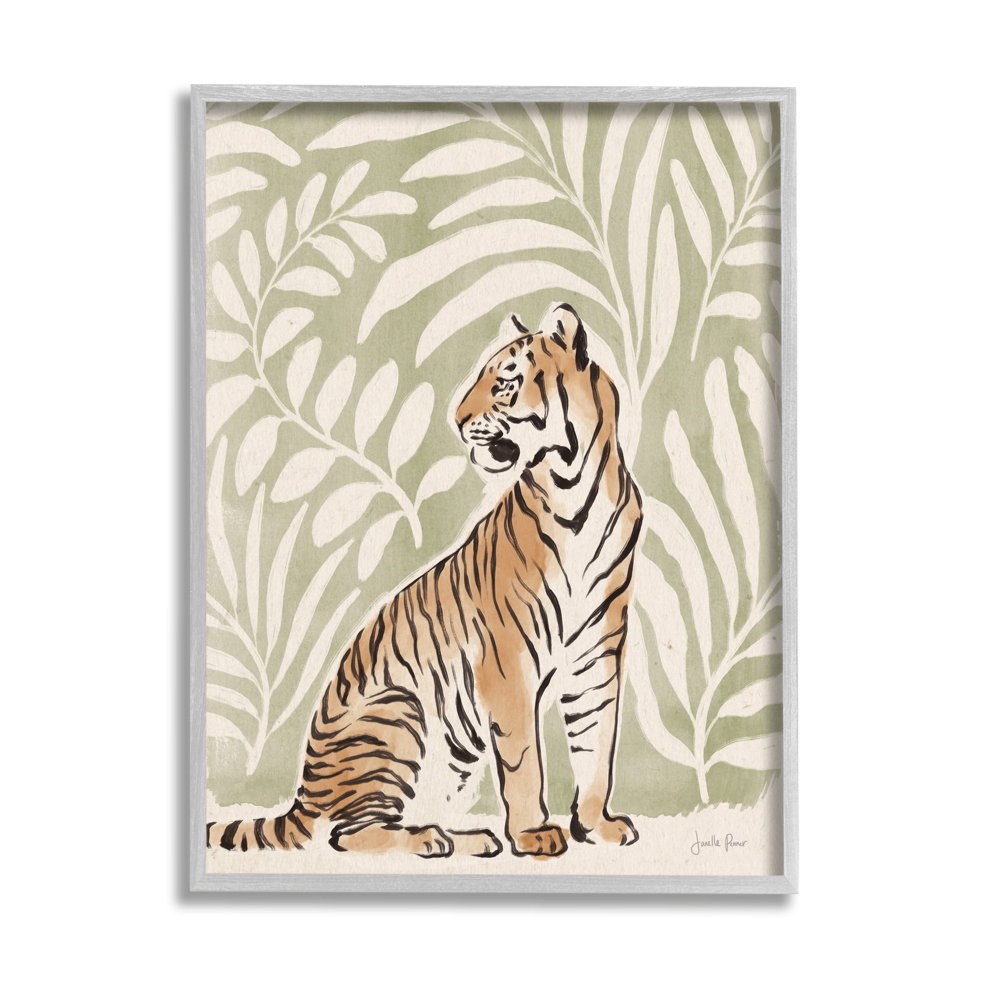 Stupell Industries Gallant Tiger Sitting Botanical Pattern Background Ink Watercolor , 24 x 30, Design by Janelle Penner