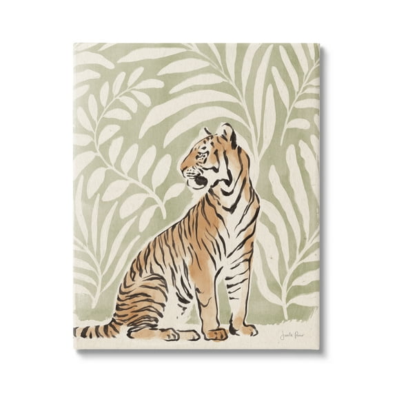 Stupell Industries Gallant Tiger Sitting Botanical Pattern Background Ink Watercolor Gallery-Wrapped Canvas Print Wall Art, 36x48, by Janelle Penner