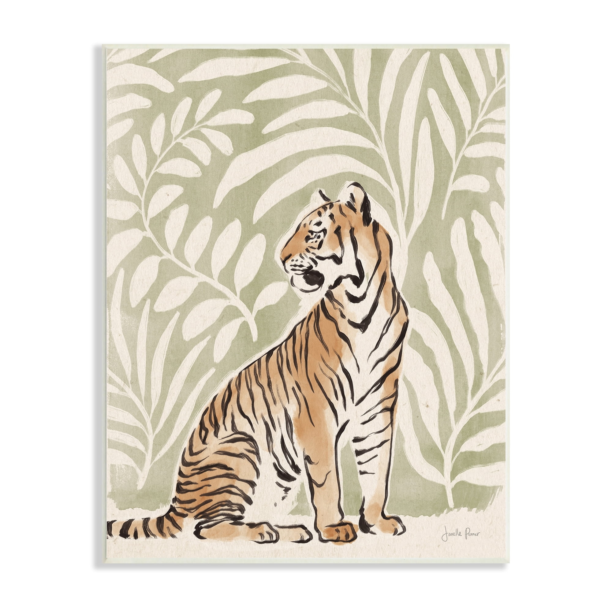 Stupell Industries Gallant Tiger Sitting Botanical Pattern Background Ink Watercolor Unframed Art Print Wall Art, 10x15, by Janelle Penner