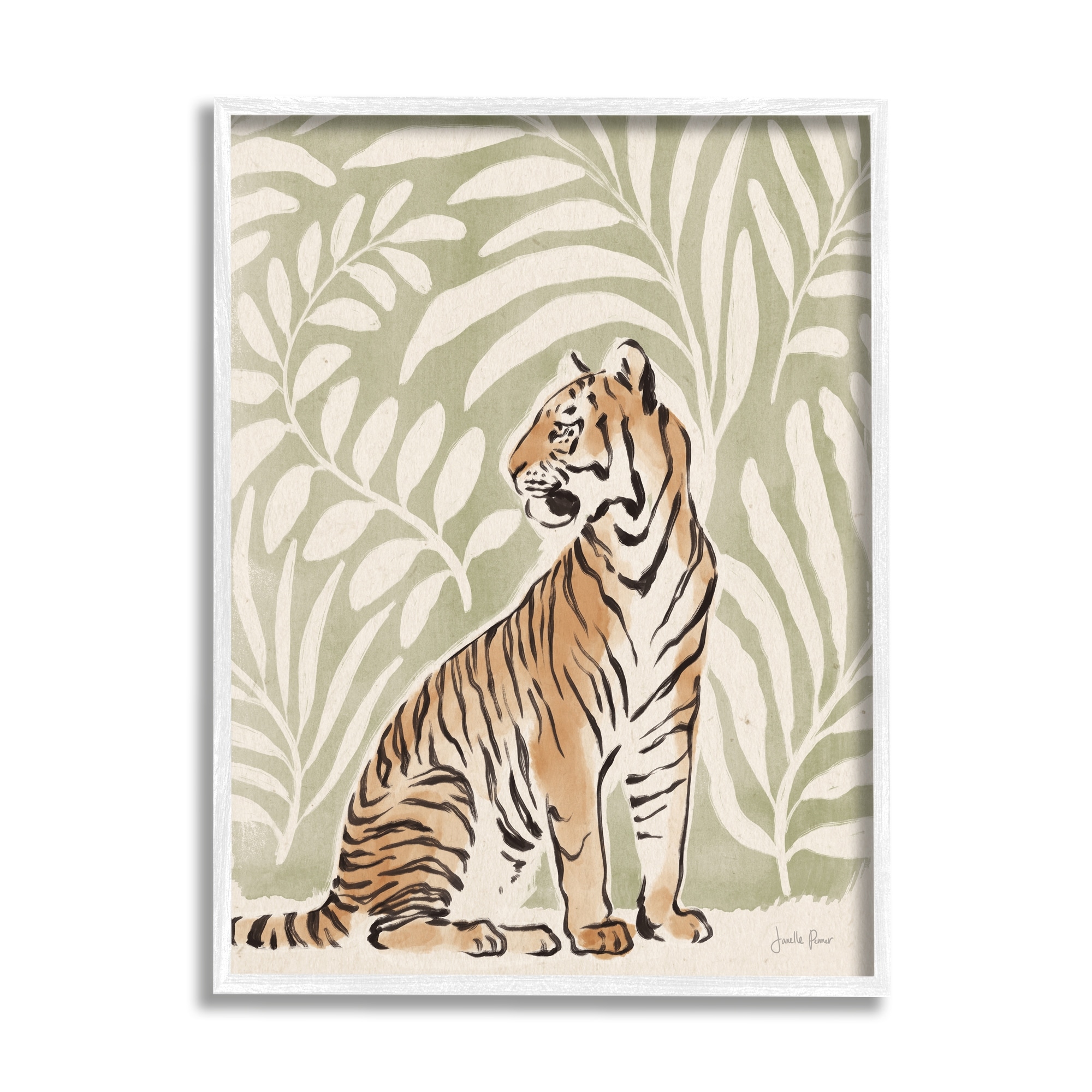 Stupell Industries Gallant Tiger Sitting Botanical Pattern Background Ink Watercolor White Framed Art Print Wall Art, 24x30, by Janelle Penner