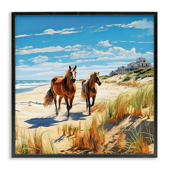 Stupell Industries Galloping Beach Horses Coastal Painting Black Framed Art Print Wall Art, 24 x 24