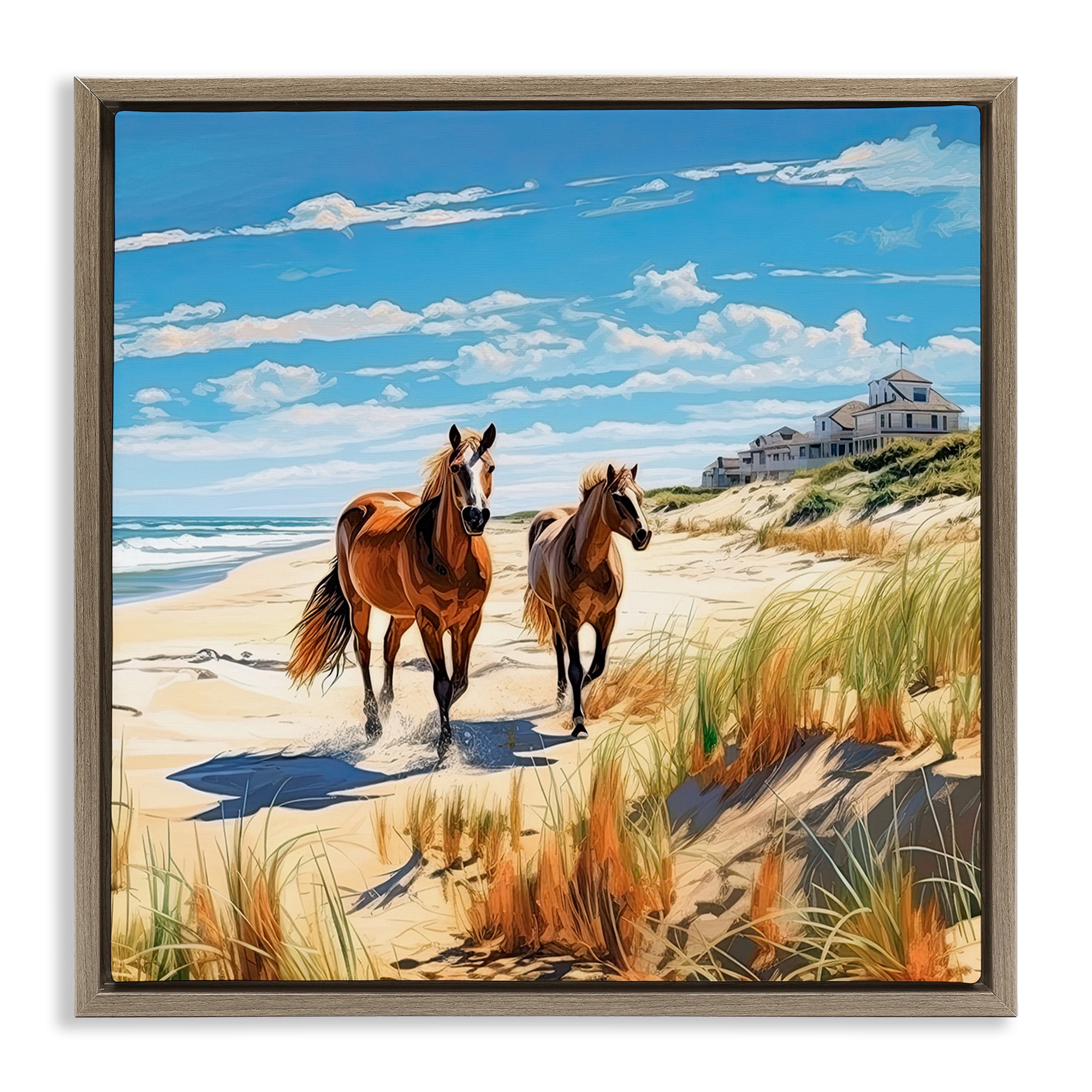 Stupell Industries Galloping Beach Horses Coastal Painting Brown Floater Framed Canvas Art Print Wall Art, 25 x 25