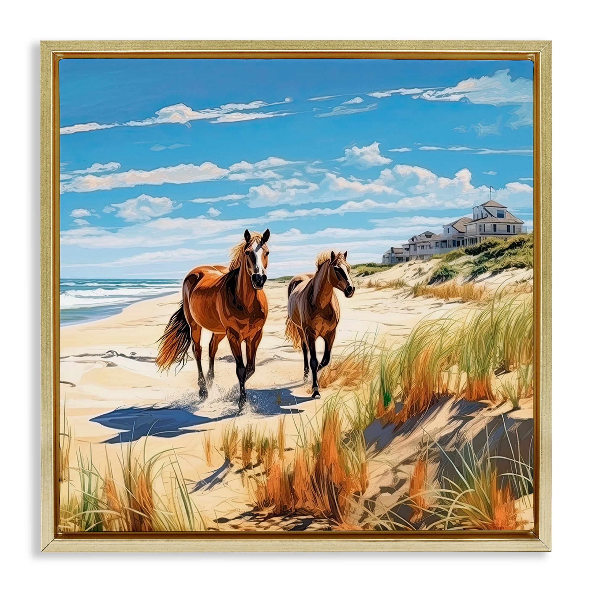 Stupell Industries Galloping Beach Horses Coastal Painting Gold Floater Framed Canvas Art Print Wall Art, 25 x 25
