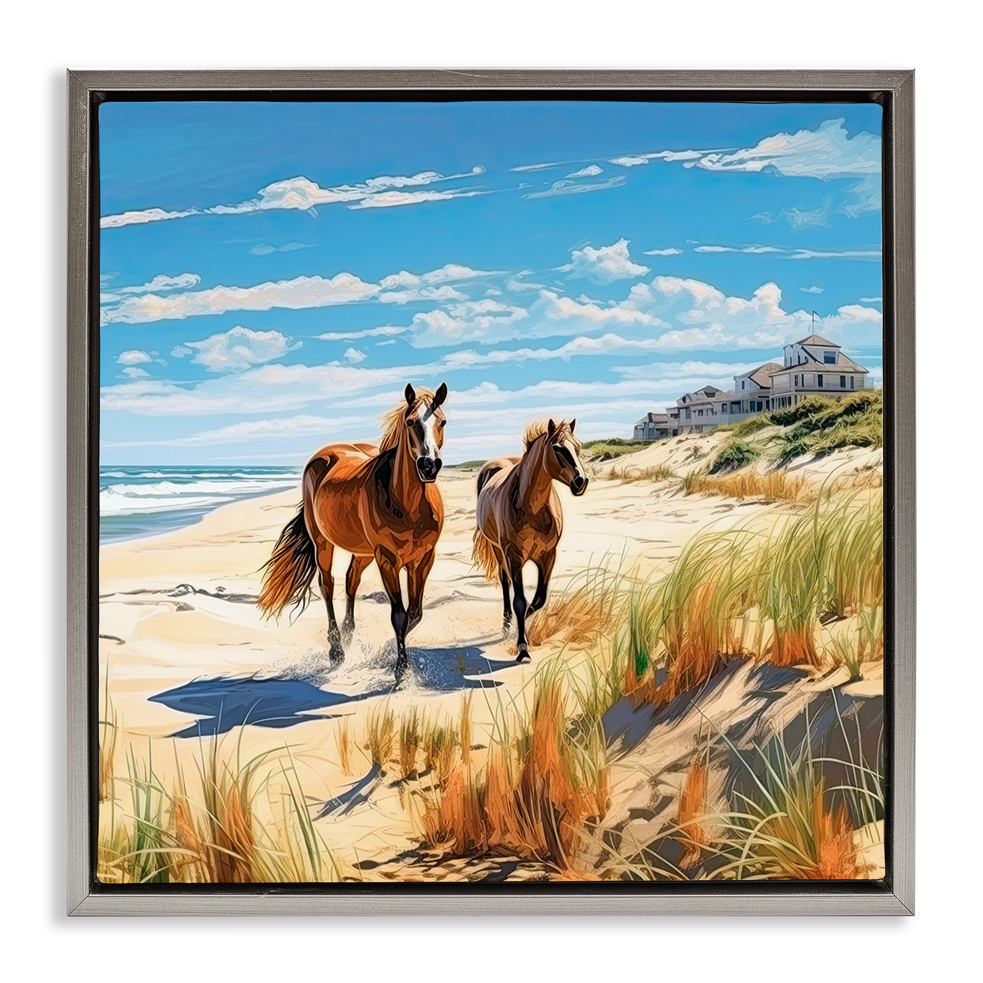 Stupell Industries Galloping Beach Horses Coastal Painting Gray Floater Framed Canvas Art Print Wall Art, 25 x 25