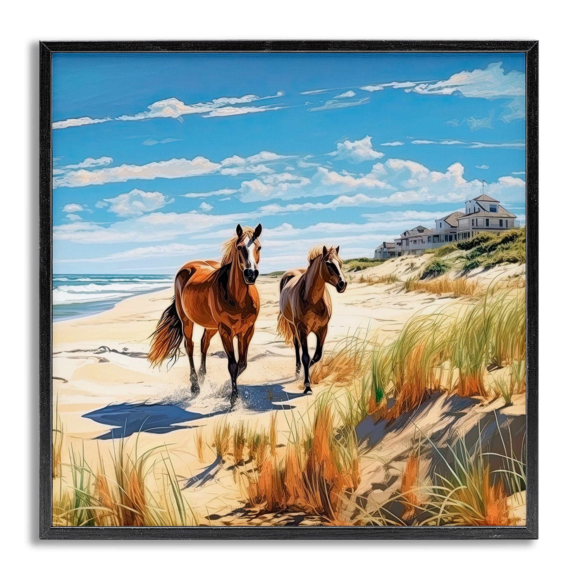 Stupell Industries Galloping Beach Horses Coastal Painting Gray Framed Art Print Wall Art, 12 x 12