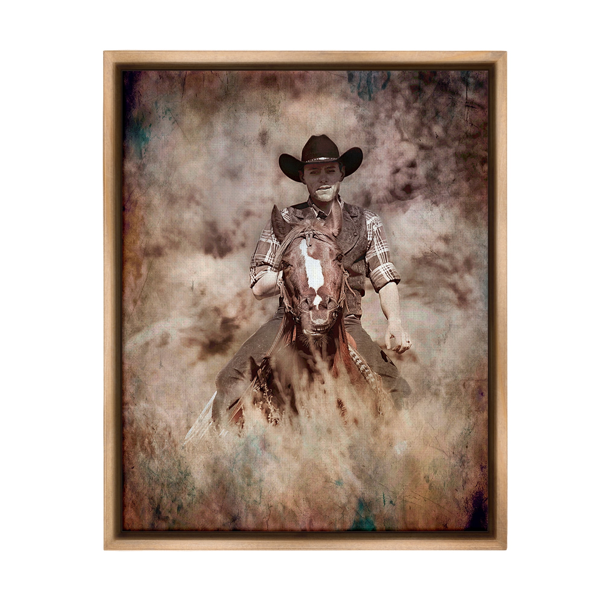 Stupell Industries Galloping Cowboy Portrait Animals & Insects Painting Brown Floater Framed Canvas Art Print Wall Art, 25 x 31
