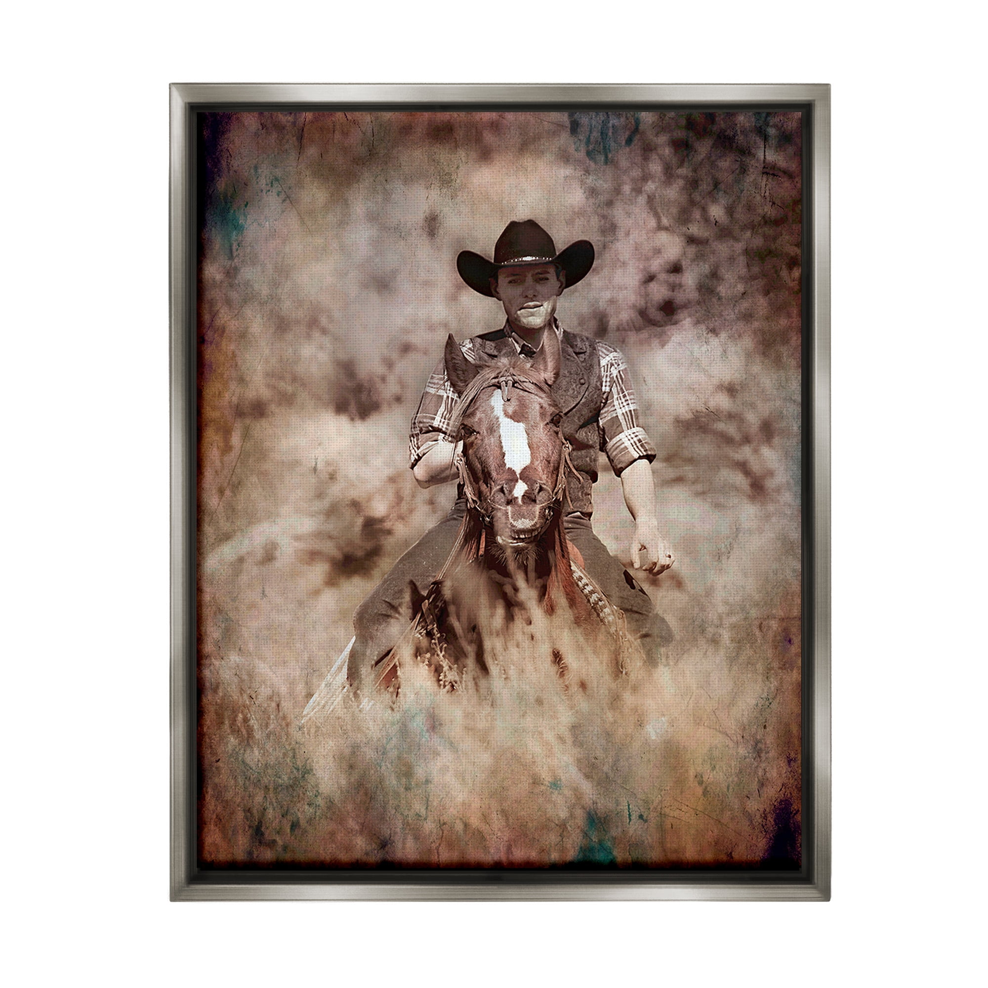Stupell Industries Galloping Cowboy Portrait Animals & Insects Painting Gray Floater Framed Canvas Art Print Wall Art, 17 x 21
