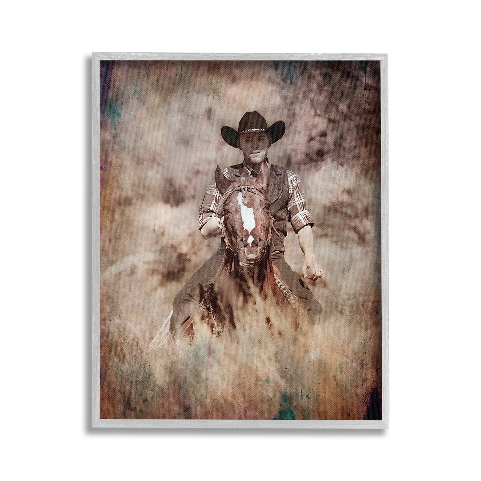 Stupell Industries Galloping Cowboy Portrait Animals & Insects Painting Gray Framed Art Print Wall Art, 24 x 30
