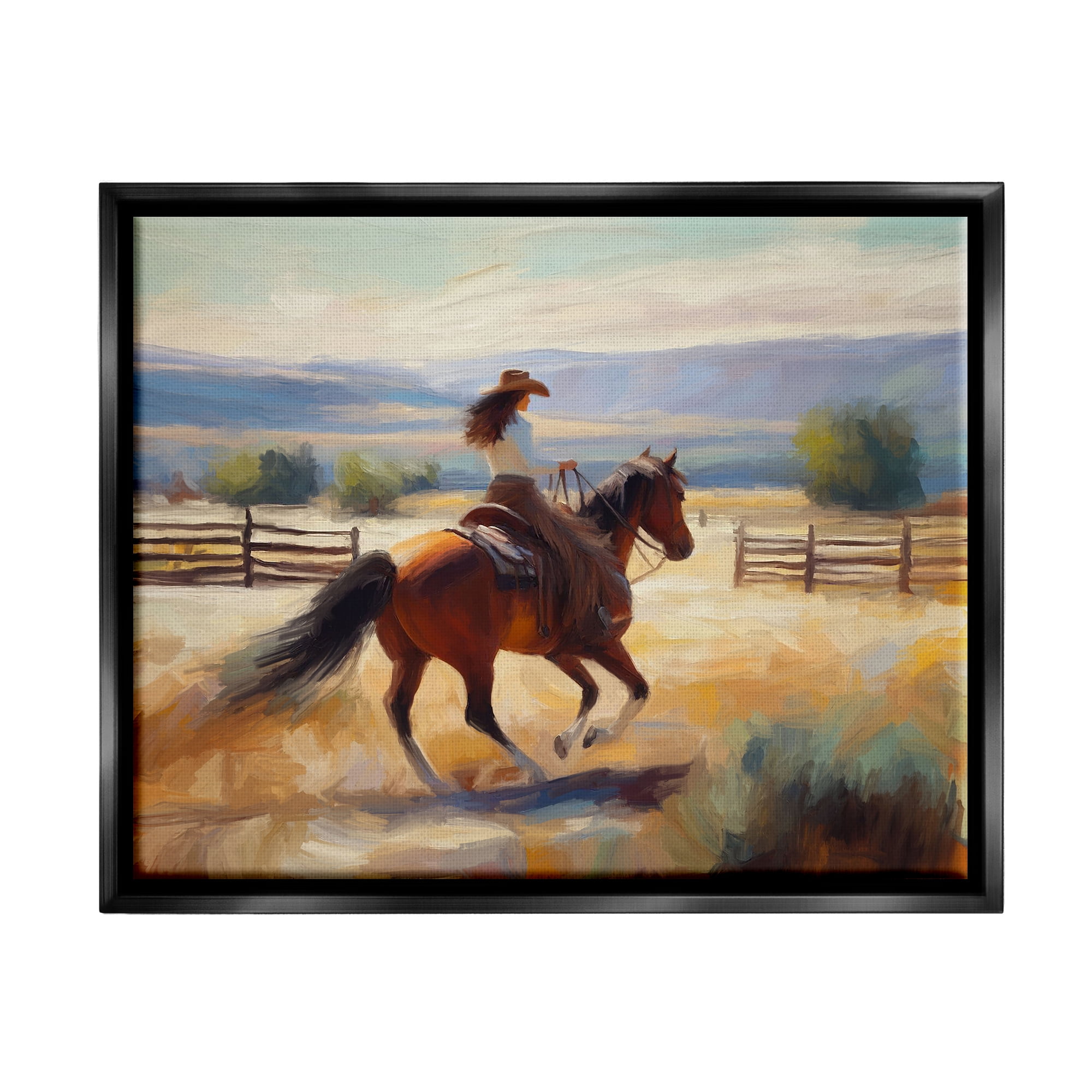 Stupell Industries Galloping Cowgirl Landscape Animals & Insects Painting Black Floater Framed Canvas Art Print Wall Art, 31 x 25