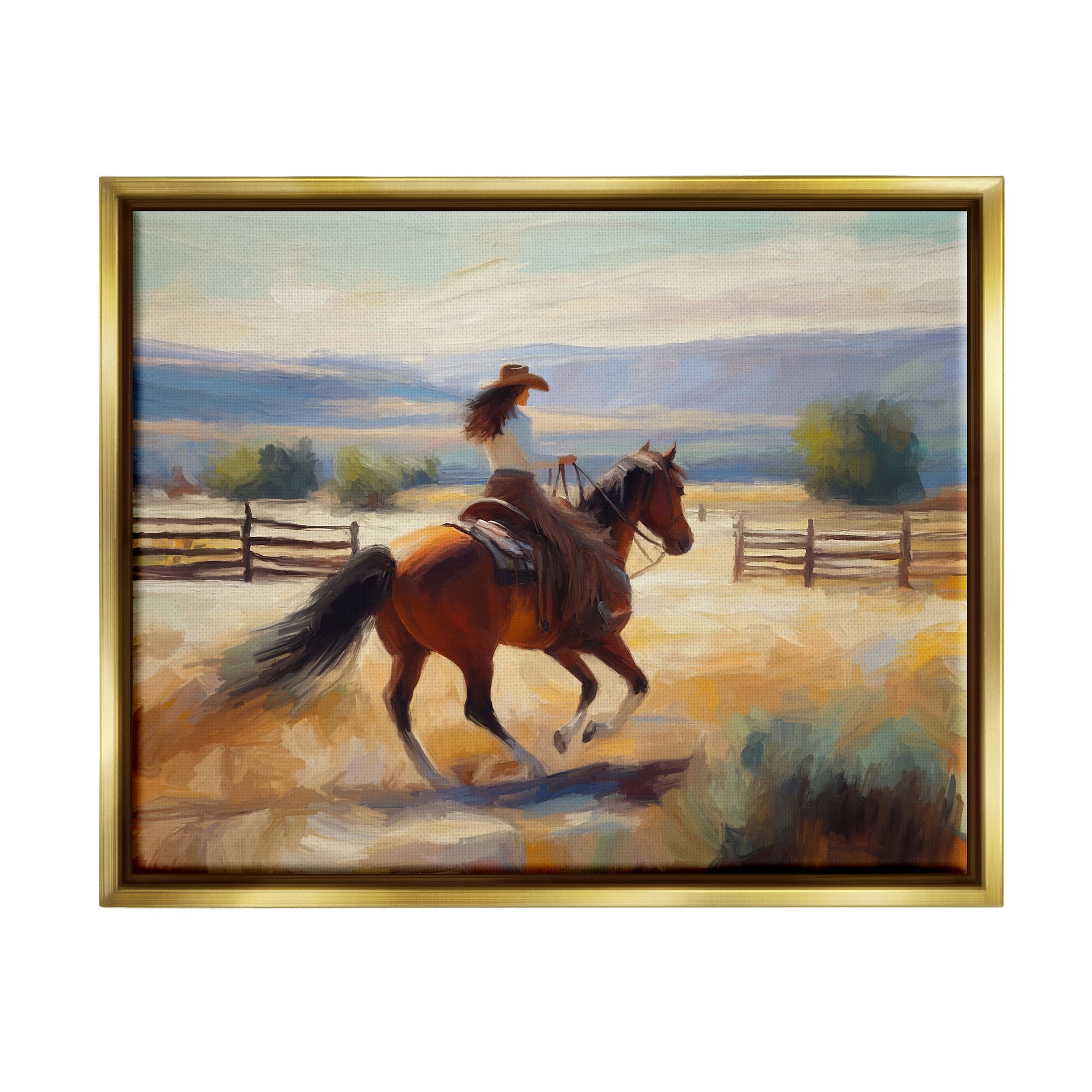 Stupell Industries Galloping Cowgirl Landscape Animals & Insects Painting Gold Floater Framed Canvas Art Print Wall Art, 31 x 25