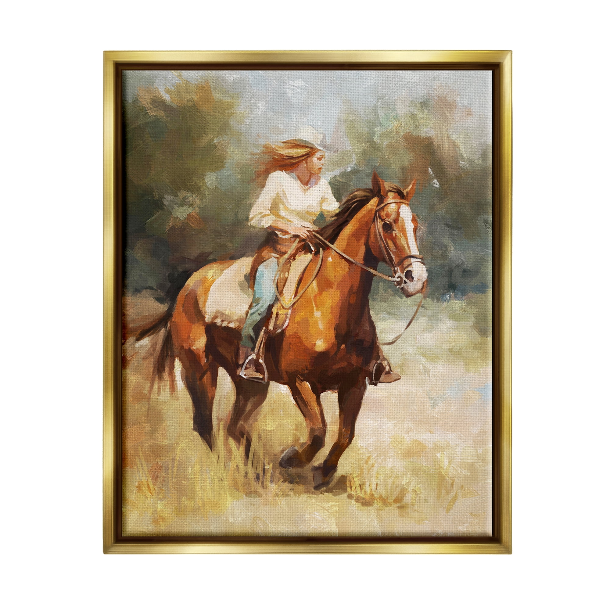 Stupell Industries Galloping Cowgirl Scenery Animals & Insects Painting Gold Floater Framed Canvas Art Print Wall Art, 17 x 21