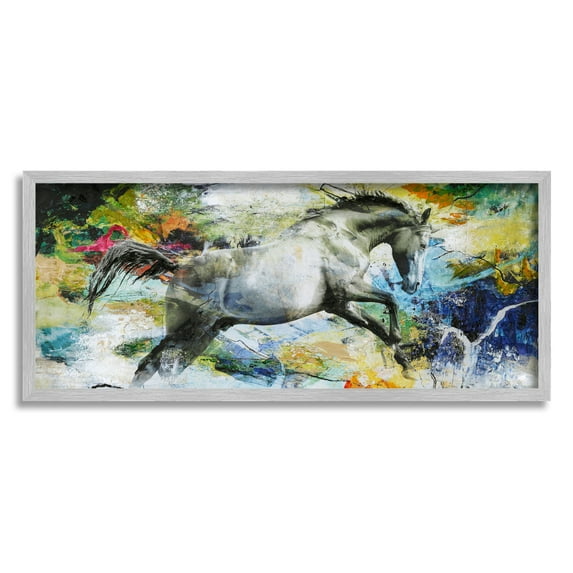 Stupell Industries Galloping Horse Modern Splatter Animals & Insects Painting Gray Framed Art Print Wall Art, 24 x 10