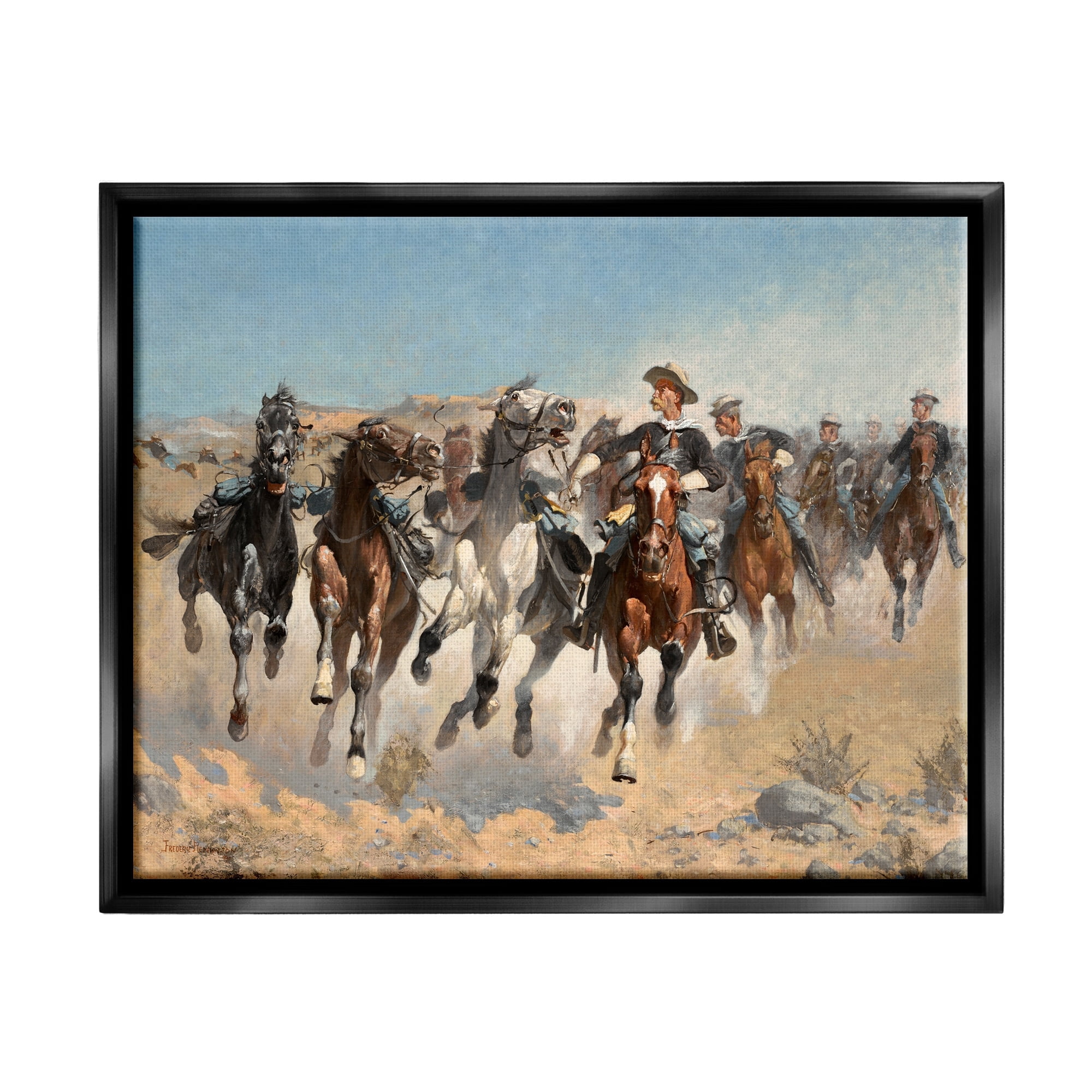 Stupell Industries Galloping Horses Herd Cowboys Trotting Desert Sand Painting Jet Black Floating Framed Canvas Print Wall Art, Design by Lettered and Lined