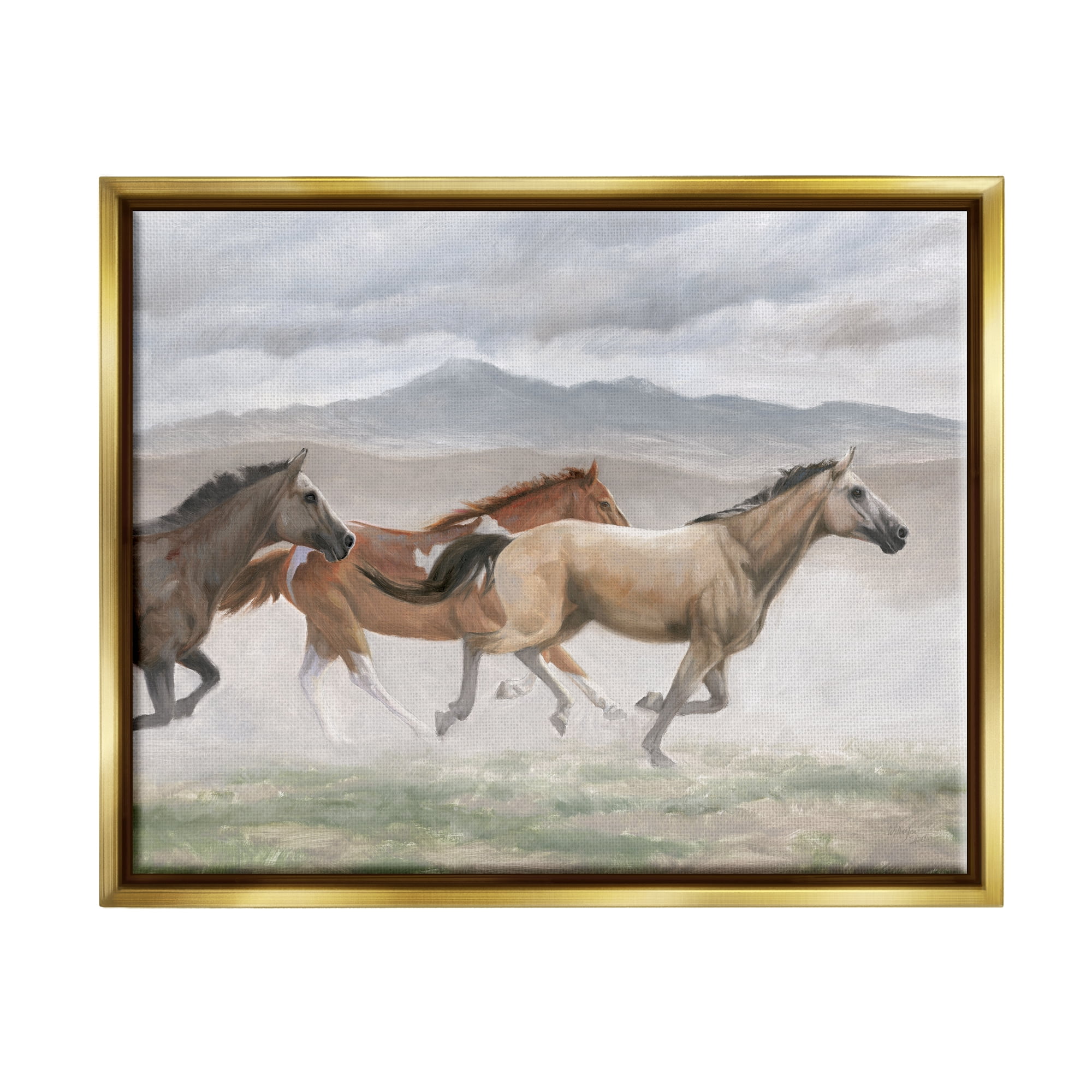 Stupell Industries Galloping Horses Landscape Animals & Insects Painting Gold Floater Framed Canvas Art Print Wall Art, 31 x 25