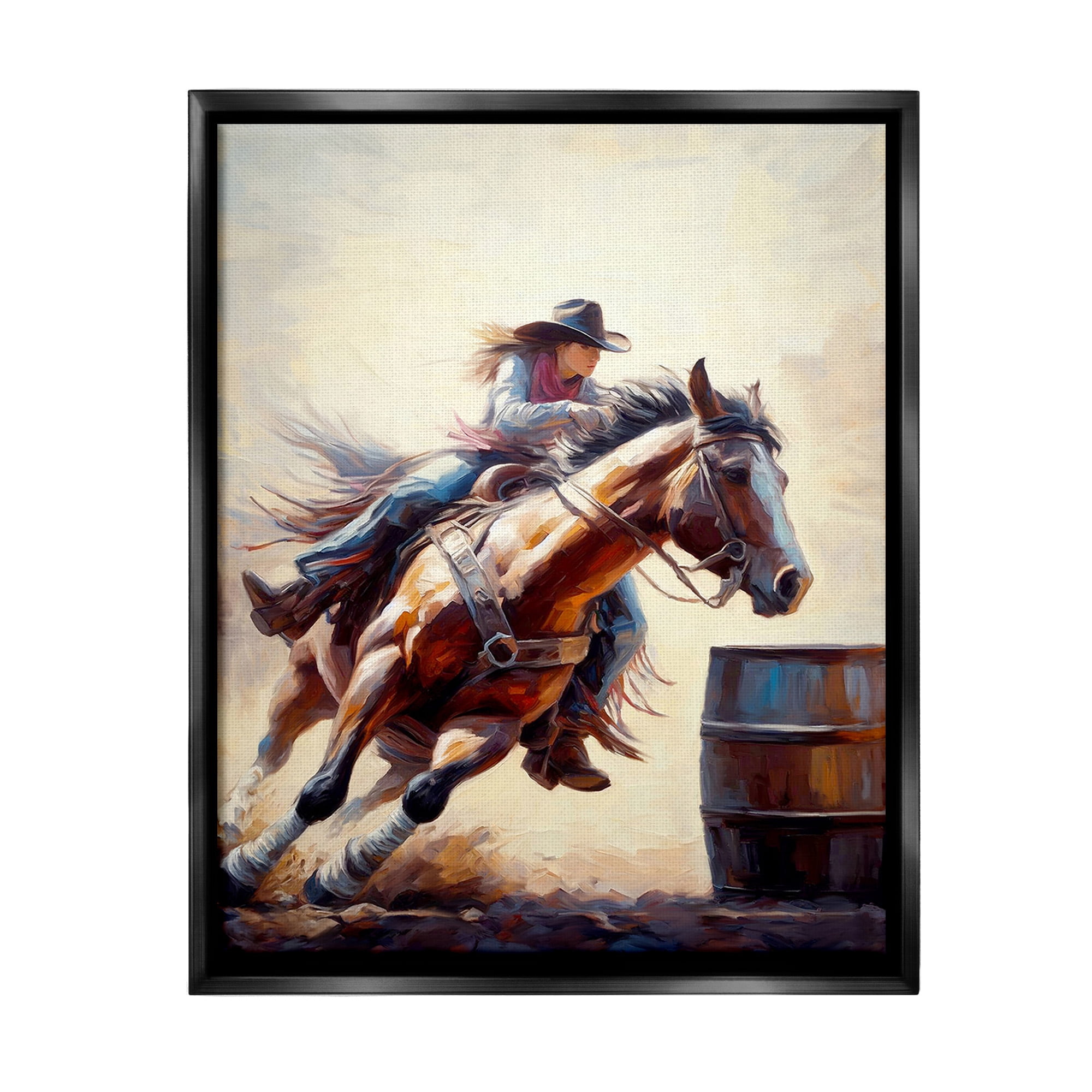 Stupell Industries Galloping Jockey Girl Animals & Insects Painting Black Floater Framed Canvas Art Print Wall Art, 25 x 31