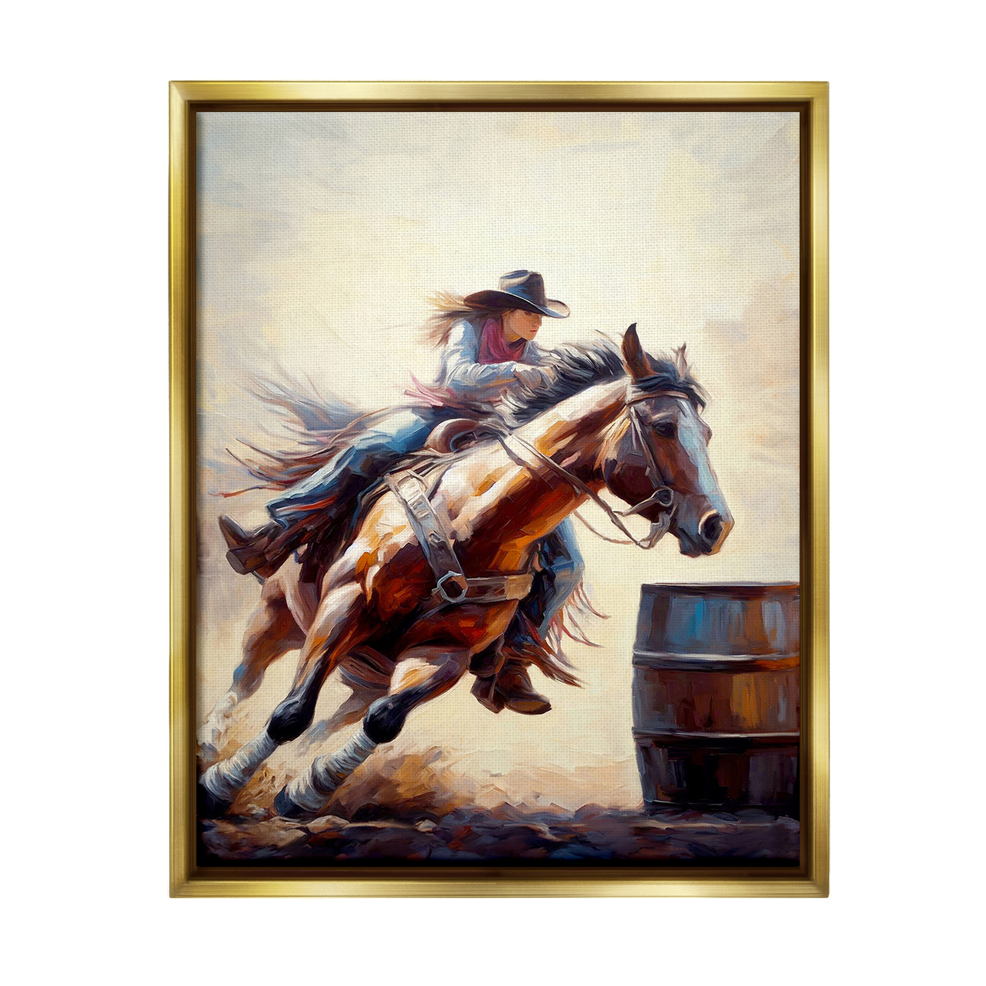 Stupell Industries Galloping Jockey Girl Animals & Insects Painting Gold Floater Framed Canvas Art Print Wall Art, 25 x 31