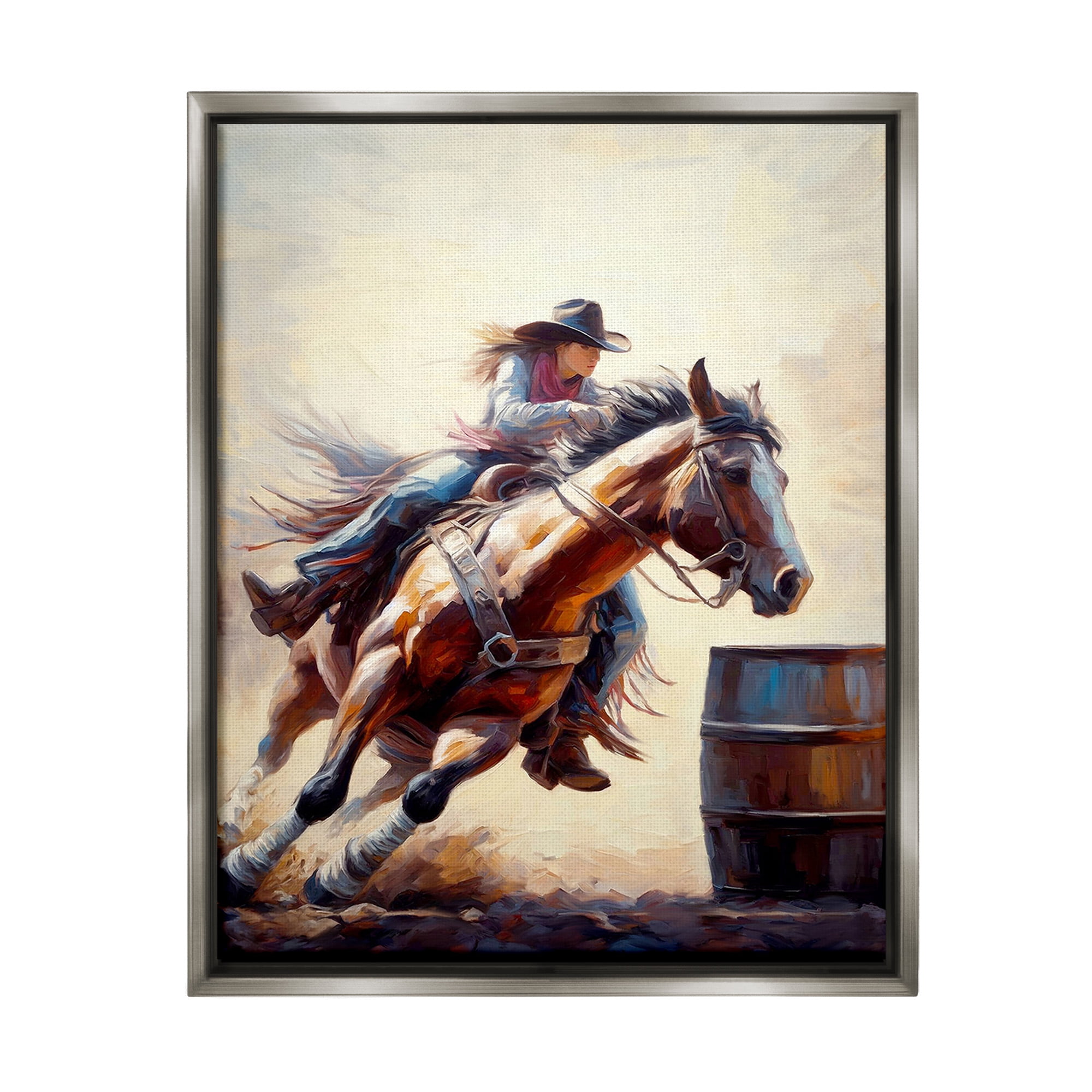 Stupell Industries Galloping Jockey Girl Animals & Insects Painting Gray Floater Framed Canvas Art Print Wall Art, 17 x 21
