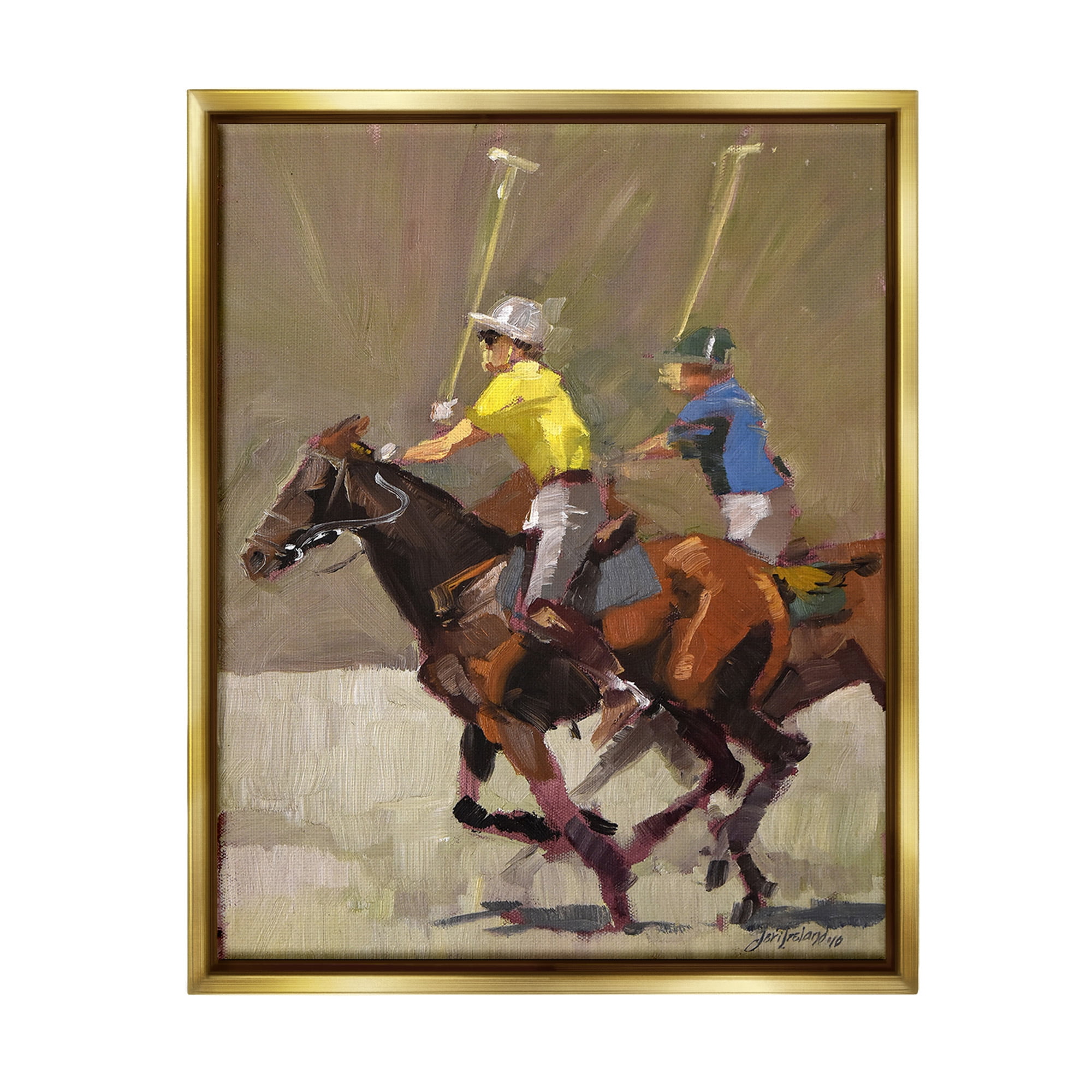 Stupell Industries Galloping Polo Players Animals & Insects Painting Gold Floater Framed Canvas Art Print Wall Art, 17 x 21