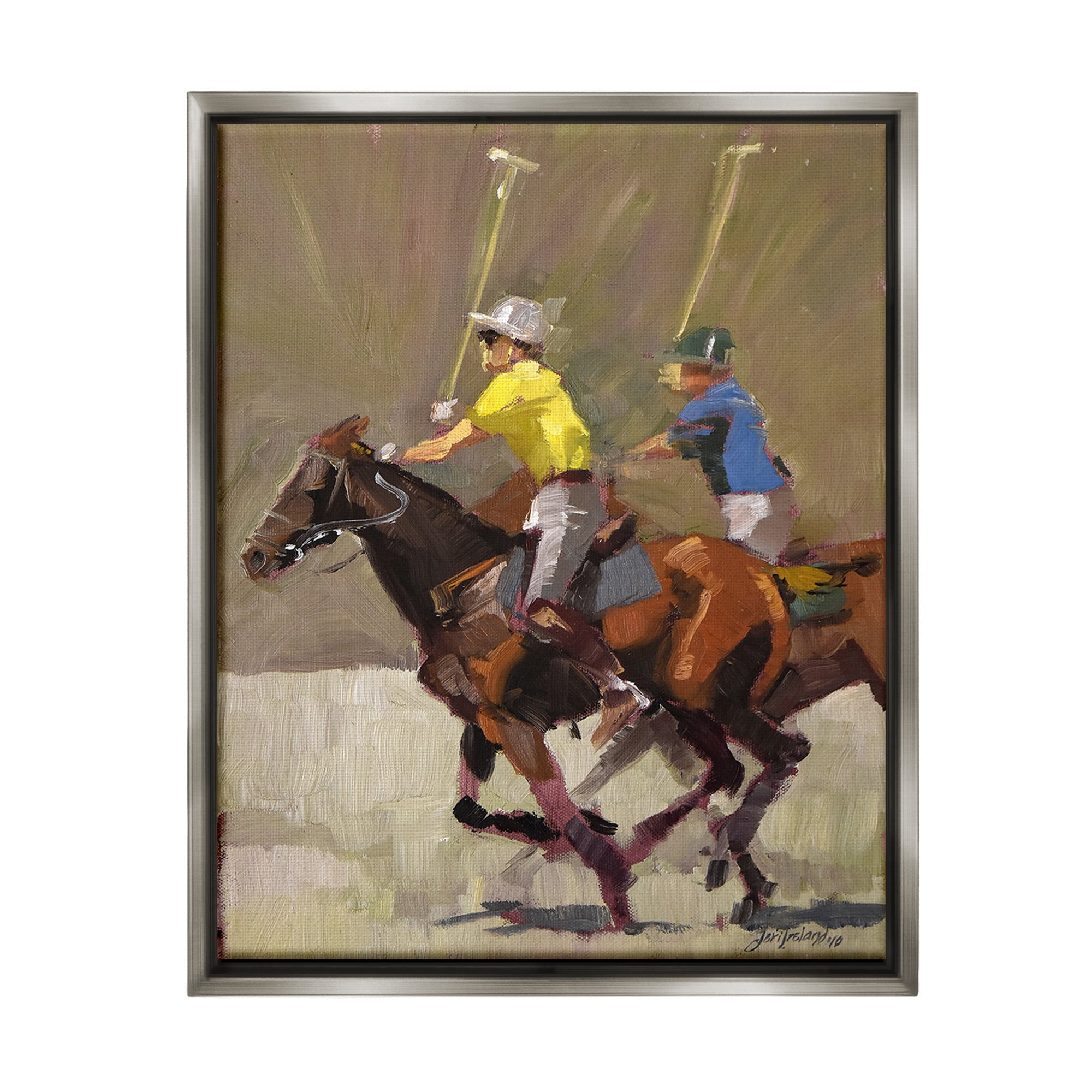 Stupell Industries Galloping Polo Players Animals & Insects Painting Gray Floater Framed Canvas Art Print Wall Art, 17 x 21