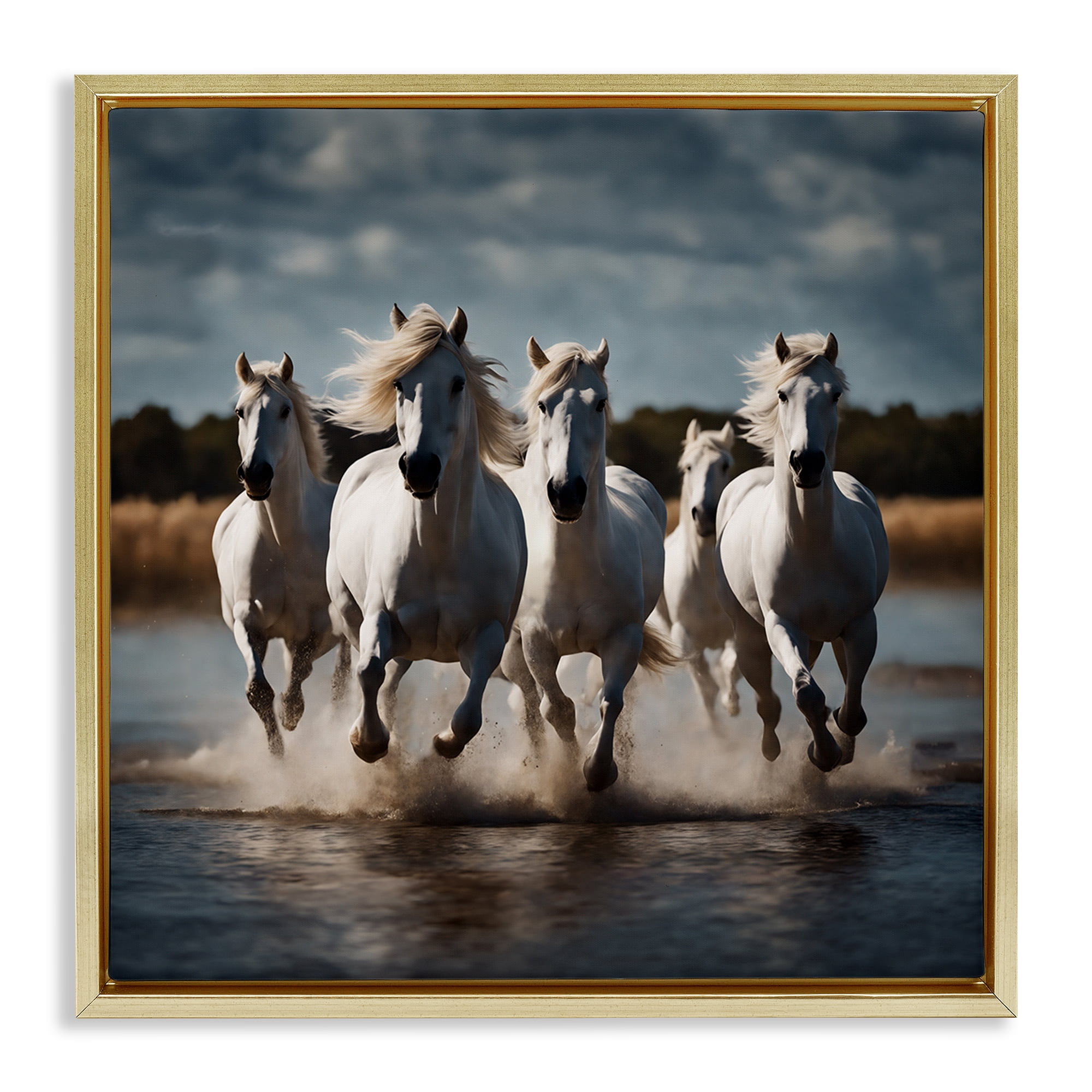 Stupell Industries Galloping Stallions Splash Animals Painting Gold Floater Framed Canvas Art Print Wall Art, 18 x 18