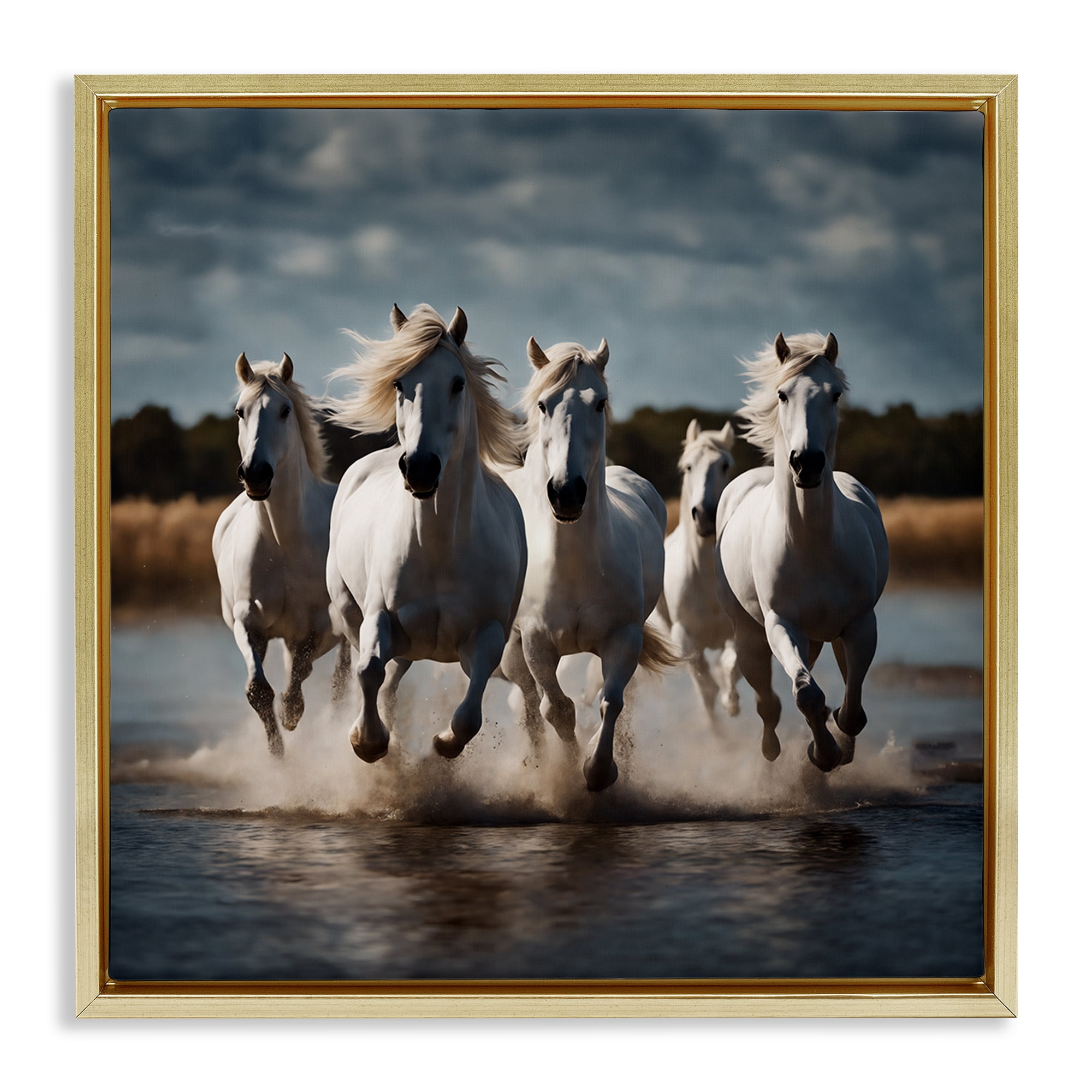 Stupell Industries Galloping Stallions Splash Animals Painting Gold Floater Framed Canvas Art Print Wall Art, 25 x 25