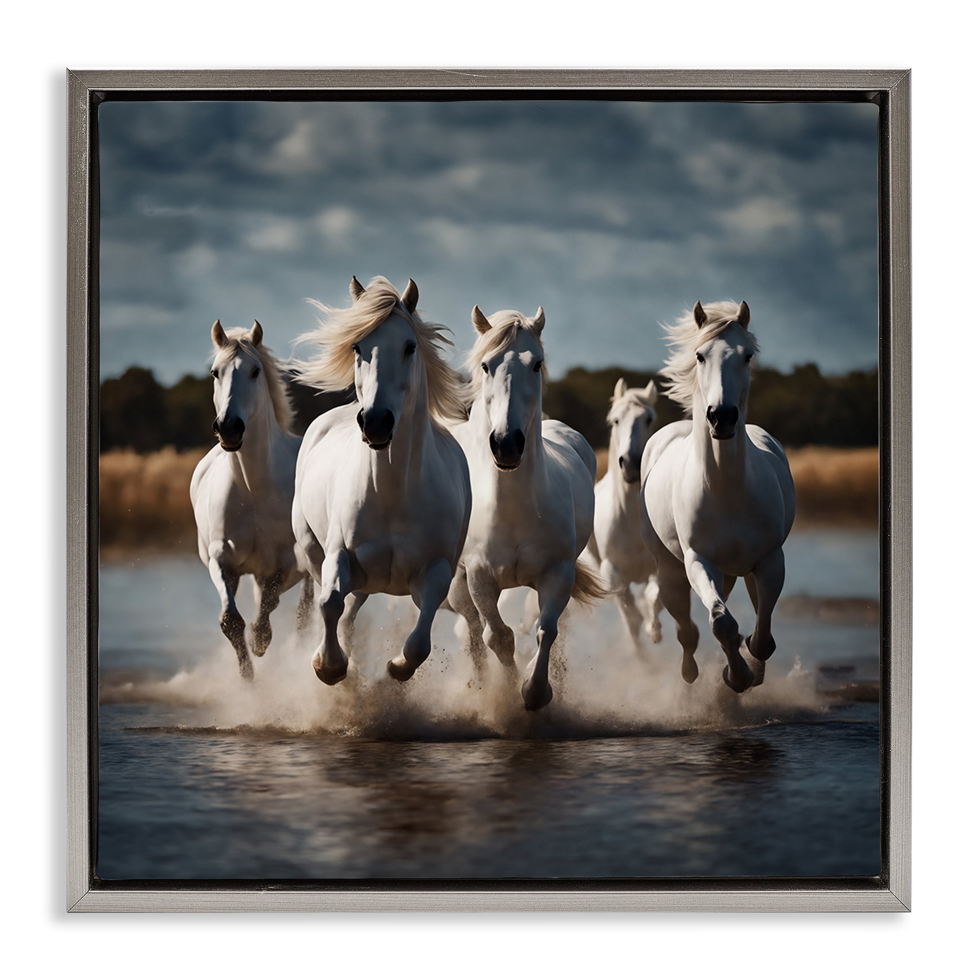 Stupell Industries Galloping Stallions Splash Animals Painting Gray Floater Framed Canvas Art Print Wall Art, 25 x 25