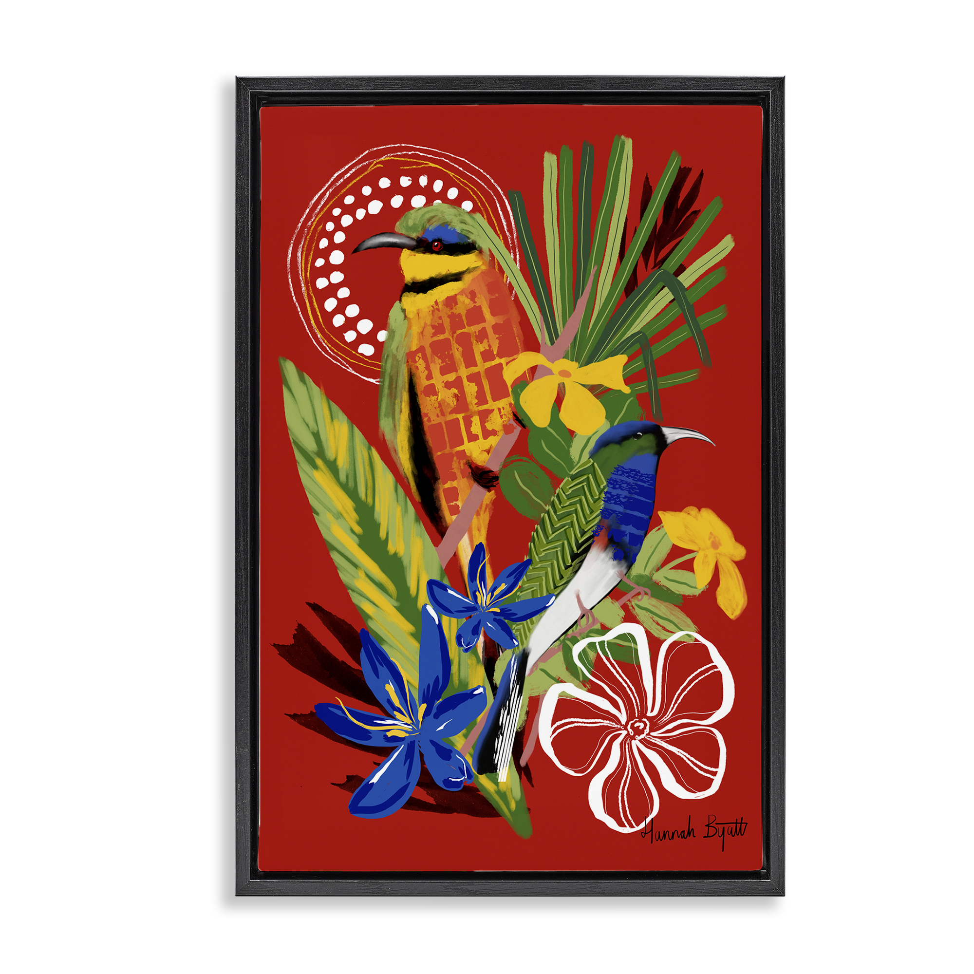 Stupell Industries Gambia Inspired Birds Animals Painting Black Floater Framed Canvas Art Print Wall Art, 21 x 31