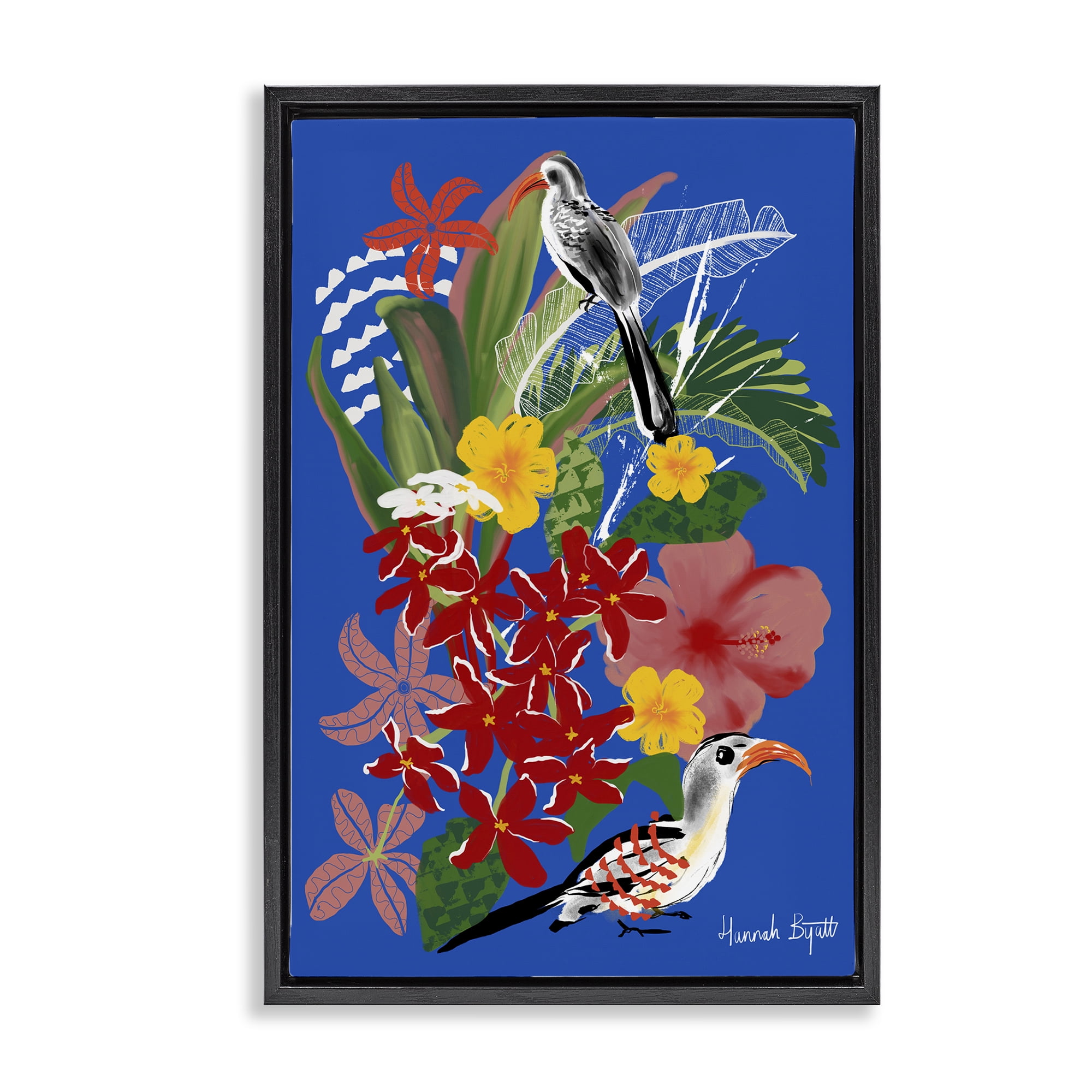 Stupell Industries Gambia Inspired Botanicals Animals Painting Black Floater Framed Canvas Art Print Wall Art, 21 x 31