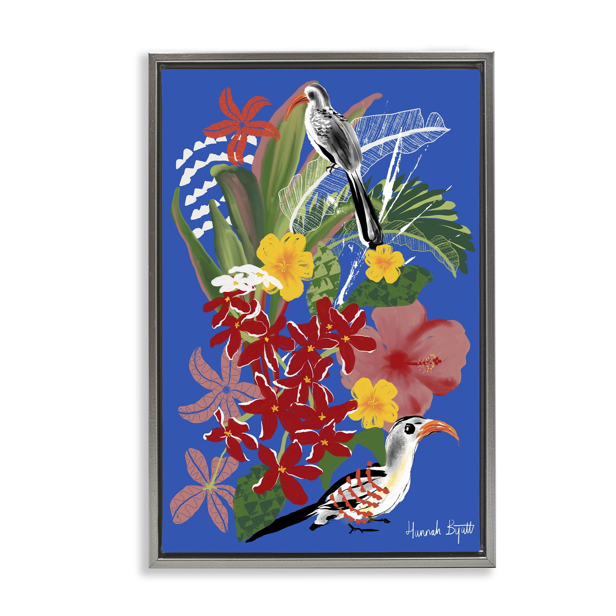 Stupell Industries Gambia Inspired Botanicals Animals Painting Gray Floater Framed Canvas Art Print Wall Art, 17 x 25