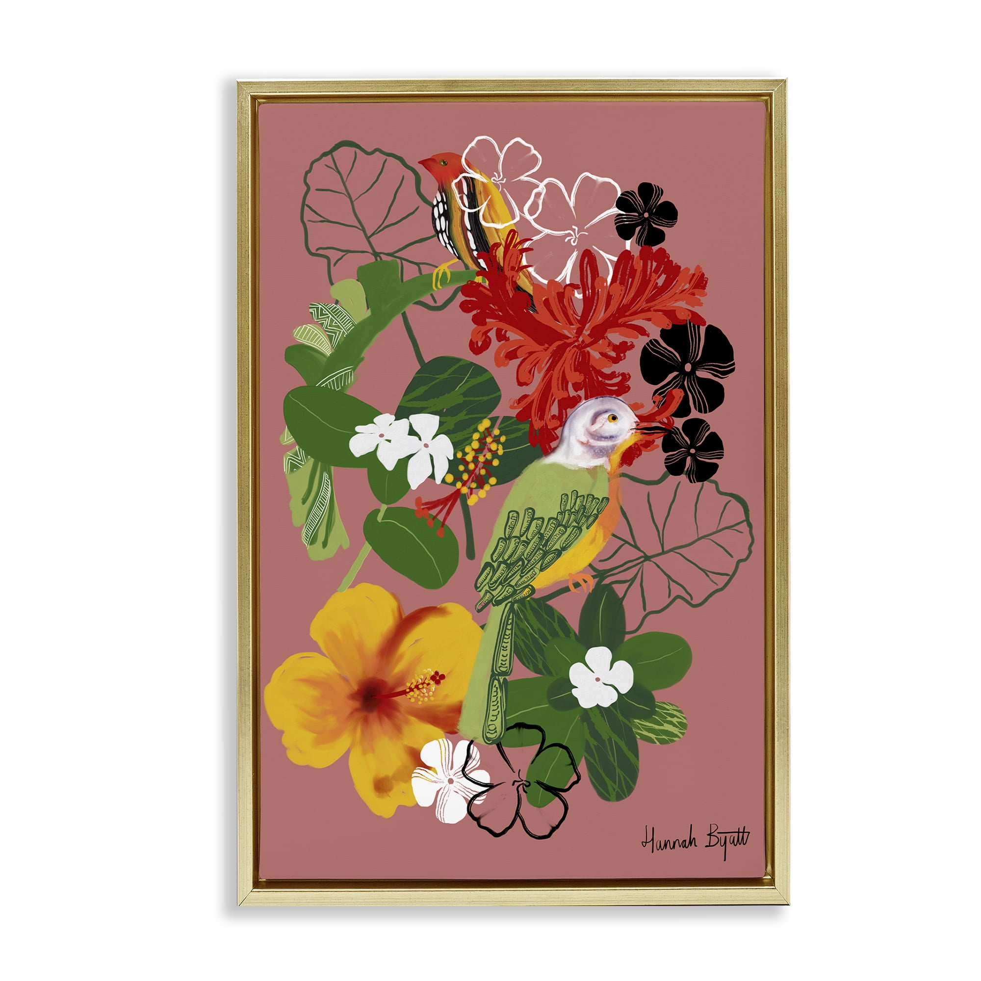 Stupell Industries Gambia Inspired Florals Animals Painting Gold Floater Framed Canvas Art Print Wall Art, 17 x 25