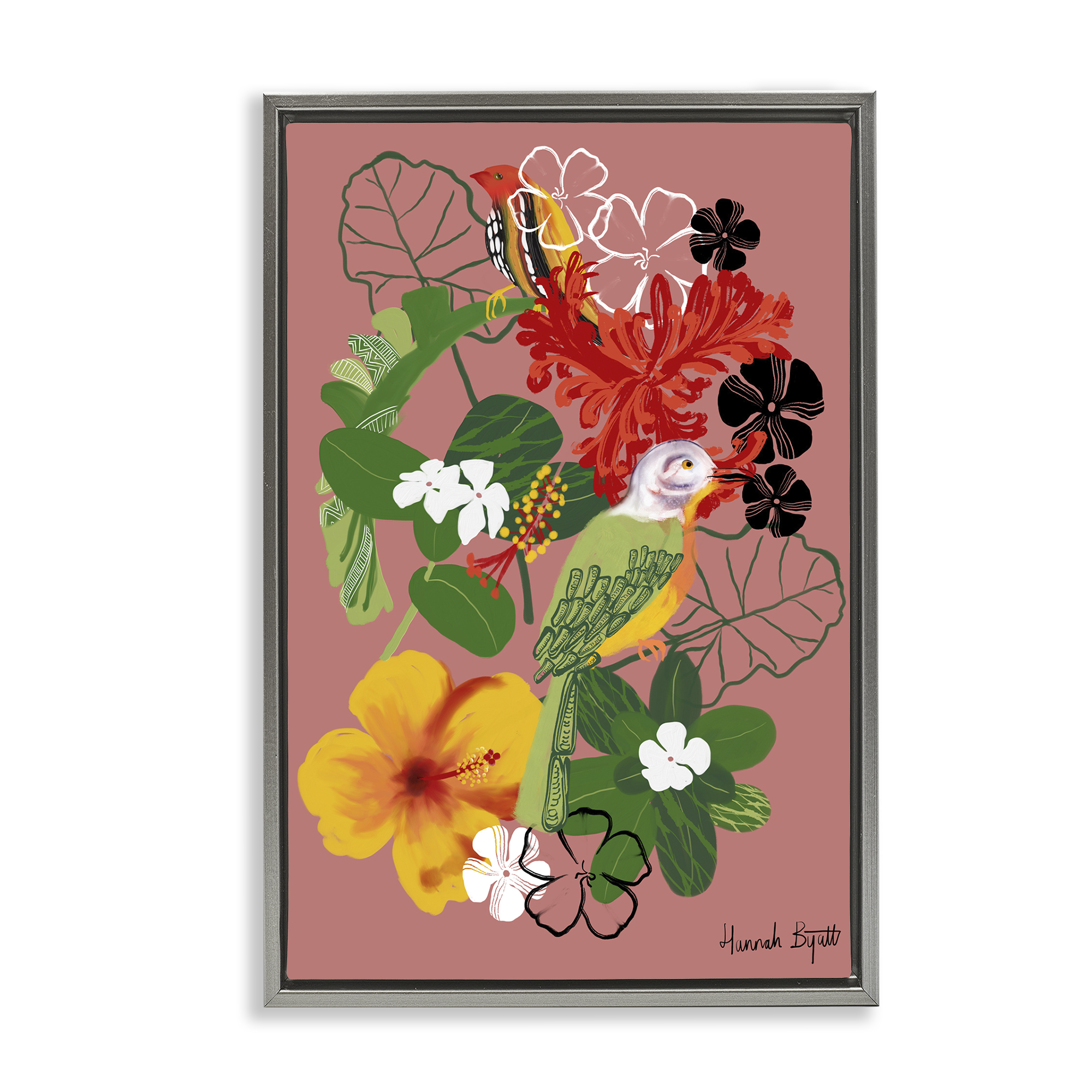 Stupell Industries Gambia Inspired Florals Animals Painting Gray Floater Framed Canvas Art Print Wall Art, 21 x 31