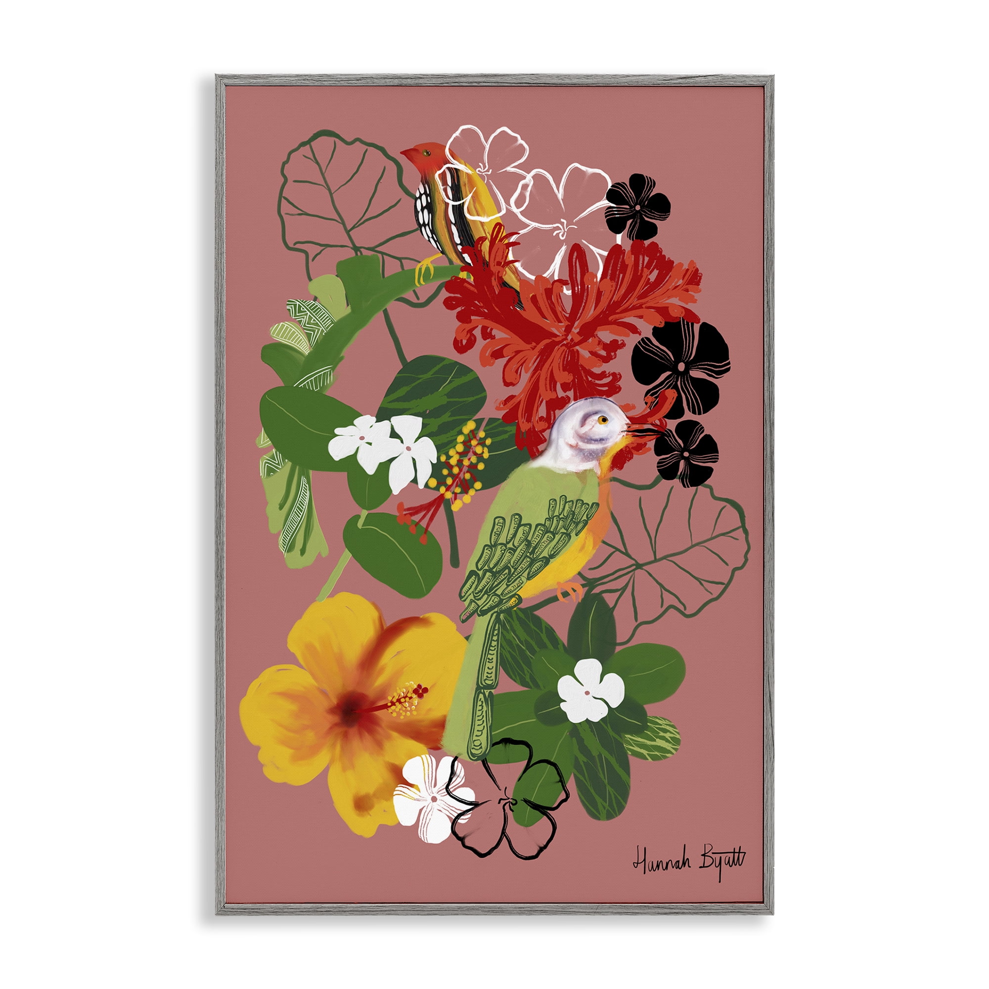 Stupell Industries Gambia Inspired Florals Animals Painting Gray Framed Art Print Wall Art, 20 x 30