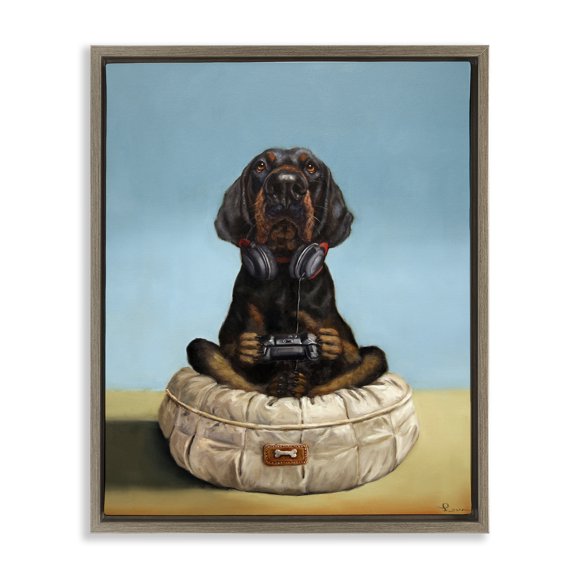 Stupell Industries Game Boy Playing Dog Brown Framed Floater Canvas Wall Art, design by Lucia Heffernan