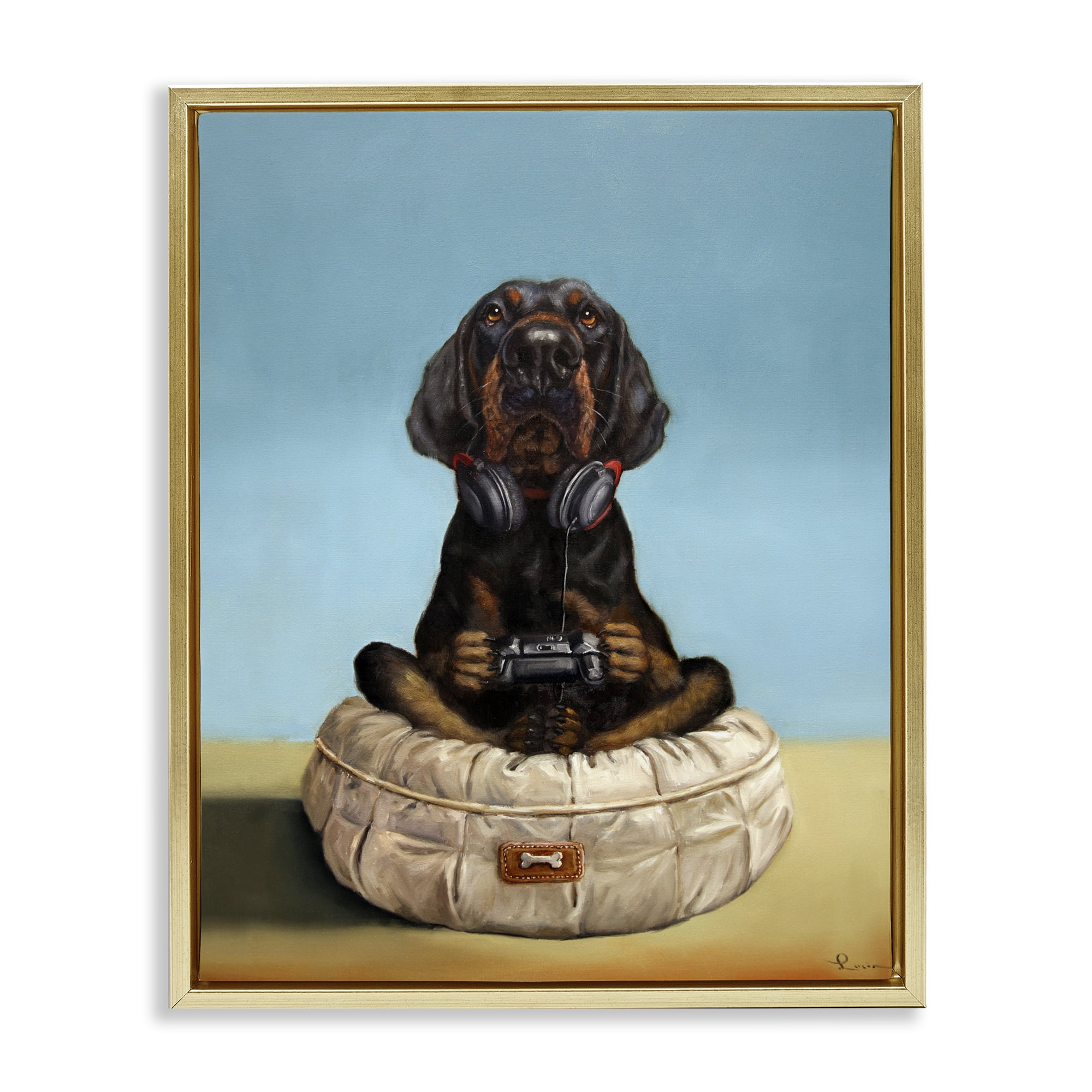 Stupell Industries Game Boy Playing Dog Gold Framed Floater Canvas Wall Art, design by Lucia Heffernan