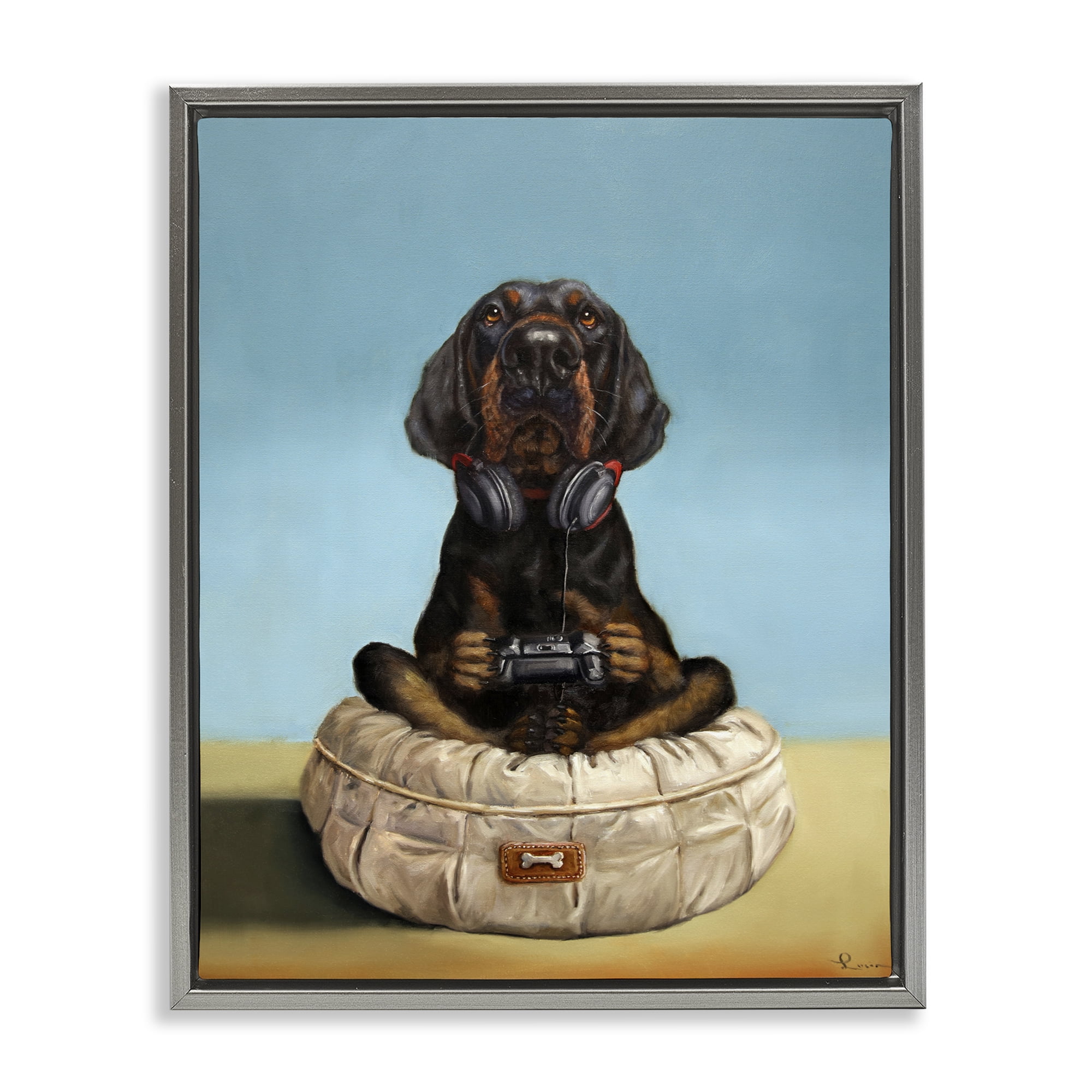 Stupell Industries Game Boy Playing Dog Gray Framed Floater Canvas Wall Art, design by Lucia Heffernan