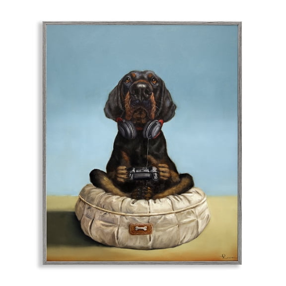 Stupell Industries Game Boy Playing Dog Gray Framed Giclee Art, design by Lucia Heffernan