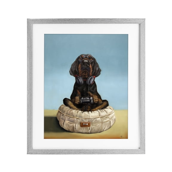 Stupell Industries Game Boy Playing Dog Gray Framed Print Under Glass, design by Lucia Heffernan