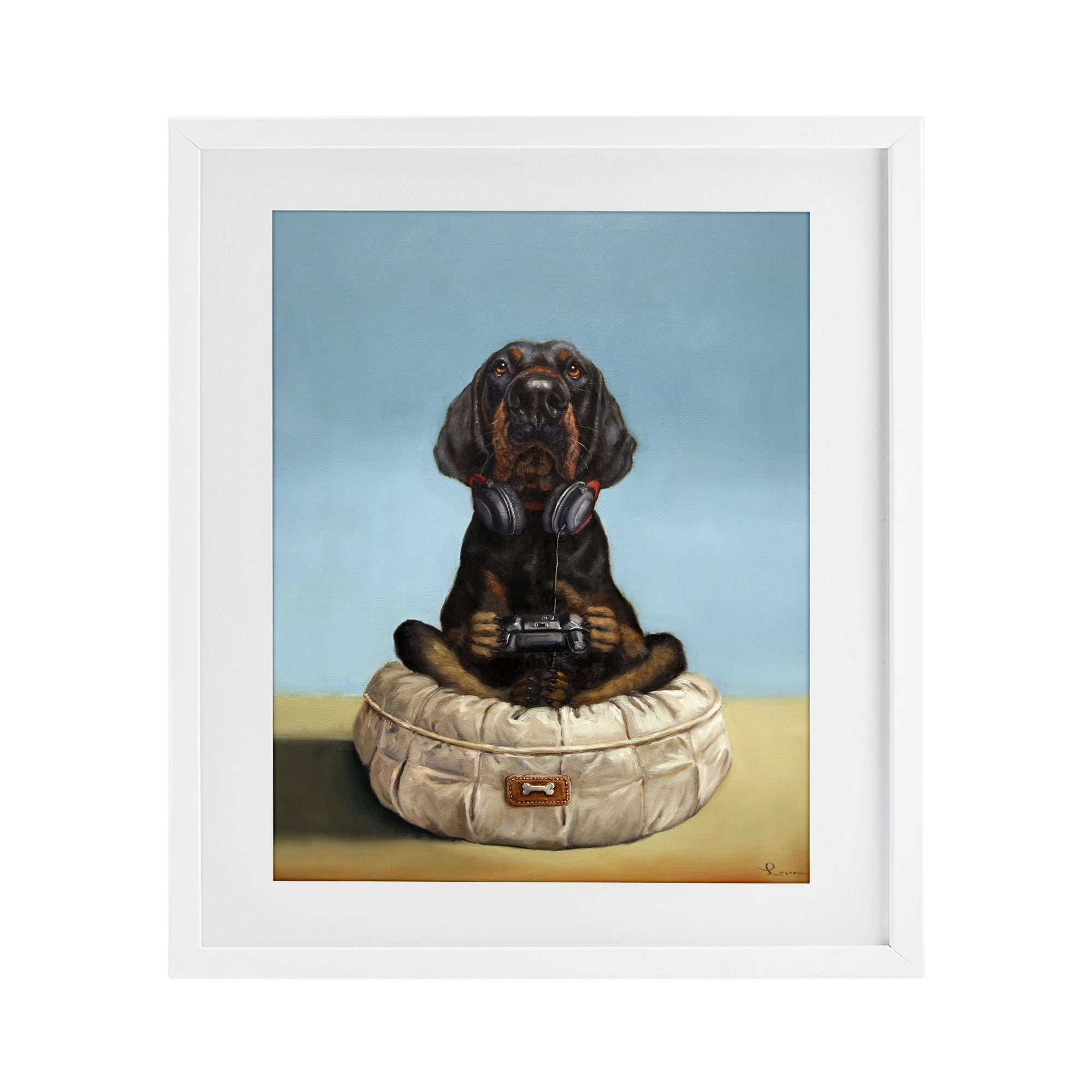 Stupell Industries Game Boy Playing Dog White Framed Print Under Glass, design by Lucia Heffernan