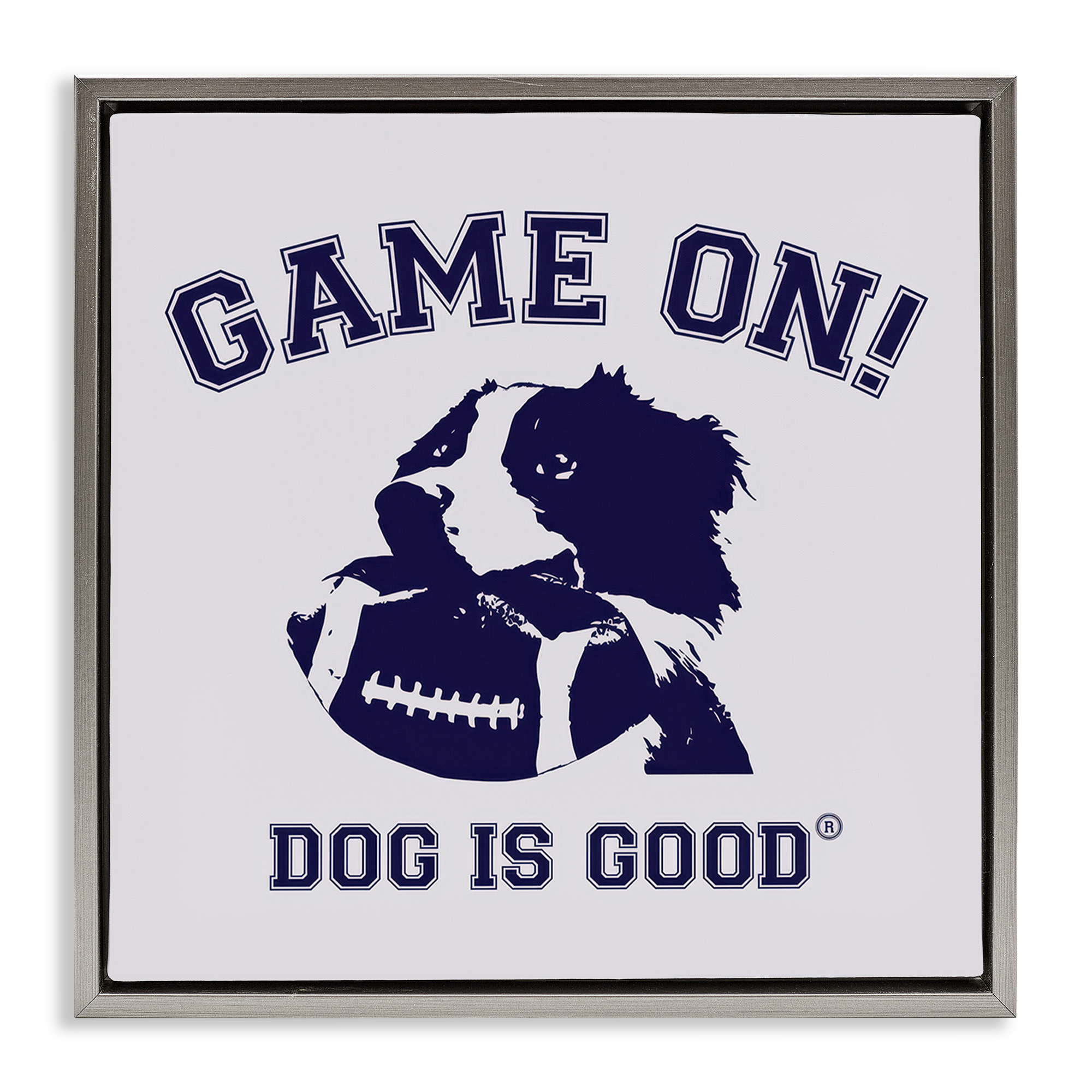 Stupell Industries Game On Dog & Football Animals Painting Gray Floater Framed Canvas Art Print Wall Art, 18 x 18