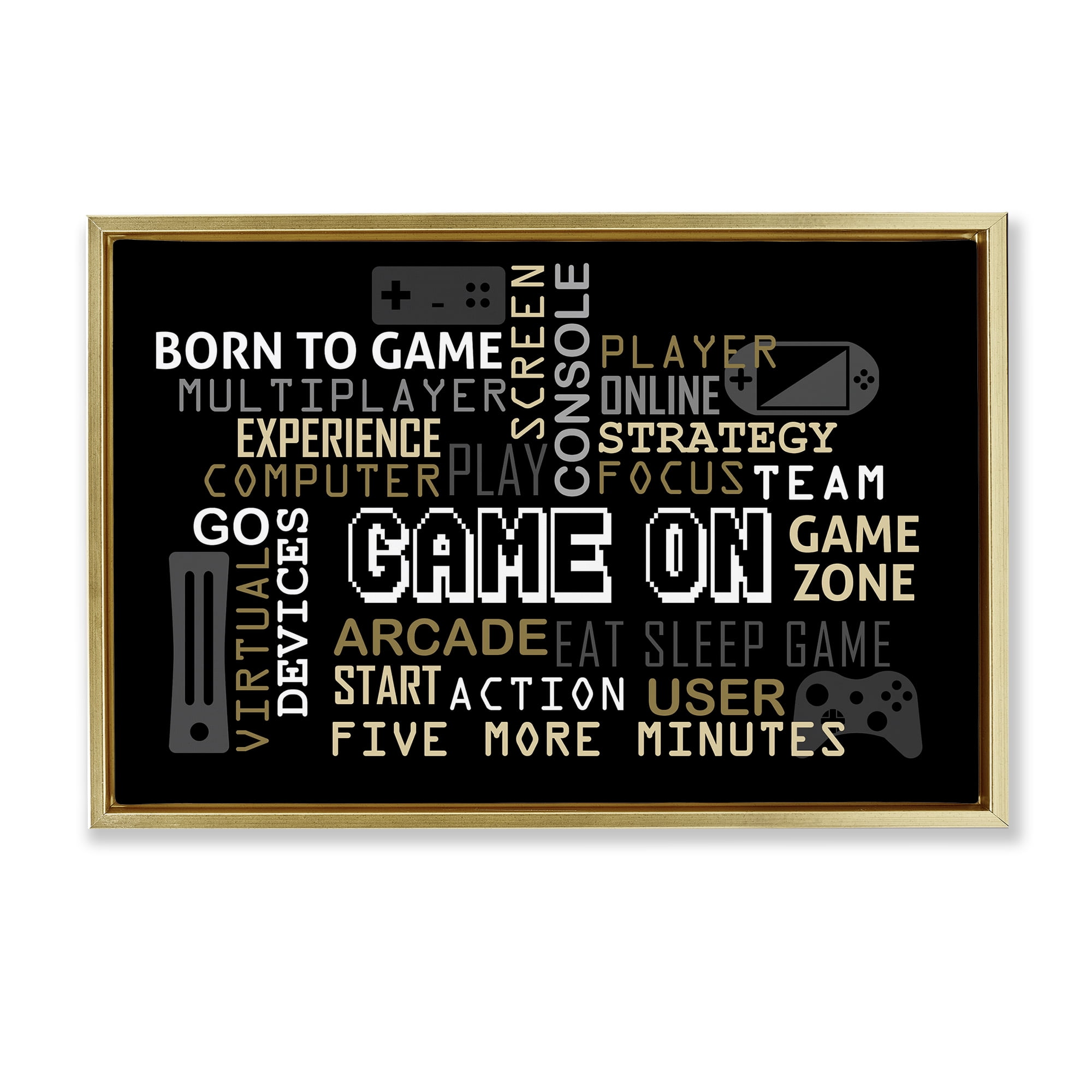 Stupell Industries Game On Gamer Typography Gold Framed Floater Canvas Wall Art, design by Kim Allen