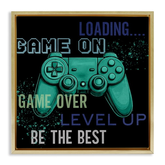 Stupell Industries Game On Level Up Controller Gold Framed Floater Canvas Wall Art, design by Kim Allen