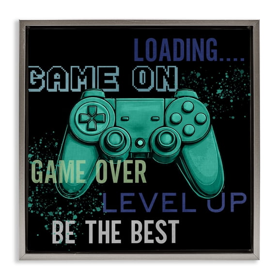 Stupell Industries Game On Level Up Controller Gray Framed Floater Canvas Wall Art, design by Kim Allen