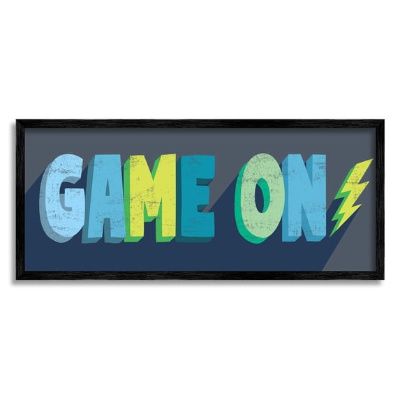 Stupell Industries Game On Phrase Green Yellow Lightening Bolt Typography Beauty & Fashion Painting Black Framed Art Print Wall Art, 13 x 30