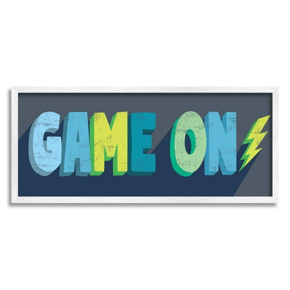 Stupell Industries Game On Phrase Green Yellow Lightening Bolt Typography Beauty & Fashion Painting White Framed Art Print Wall Art, 13 x 30