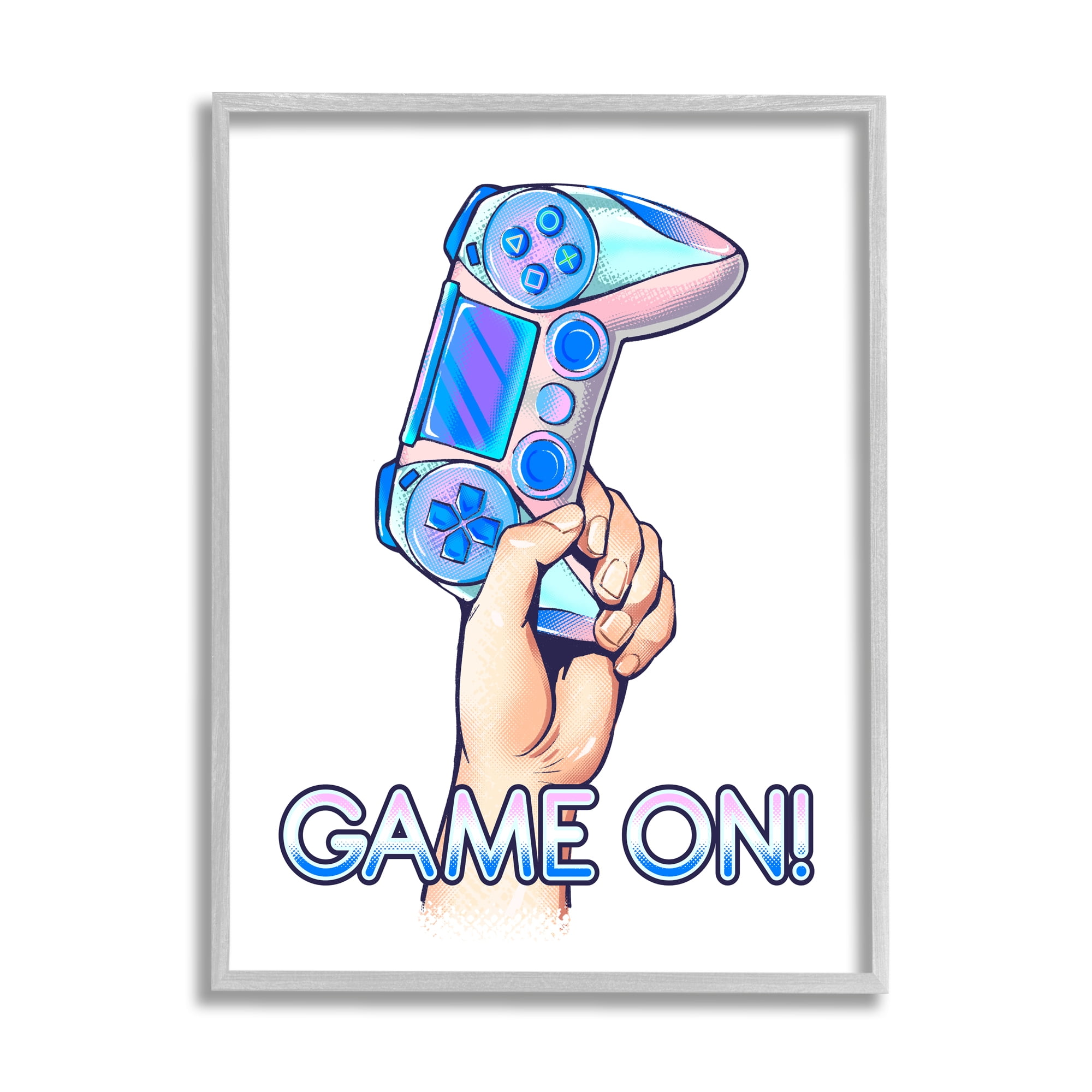 Stupell Industries Game On Text Holding Gaming Controller Illustration Graphic Art Gray Framed Art Print Wall Art, 16x20, by Ziwei Li